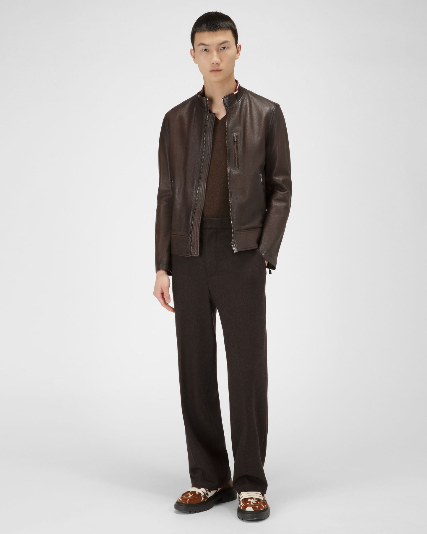 Leather Blouson Jacket In Brown