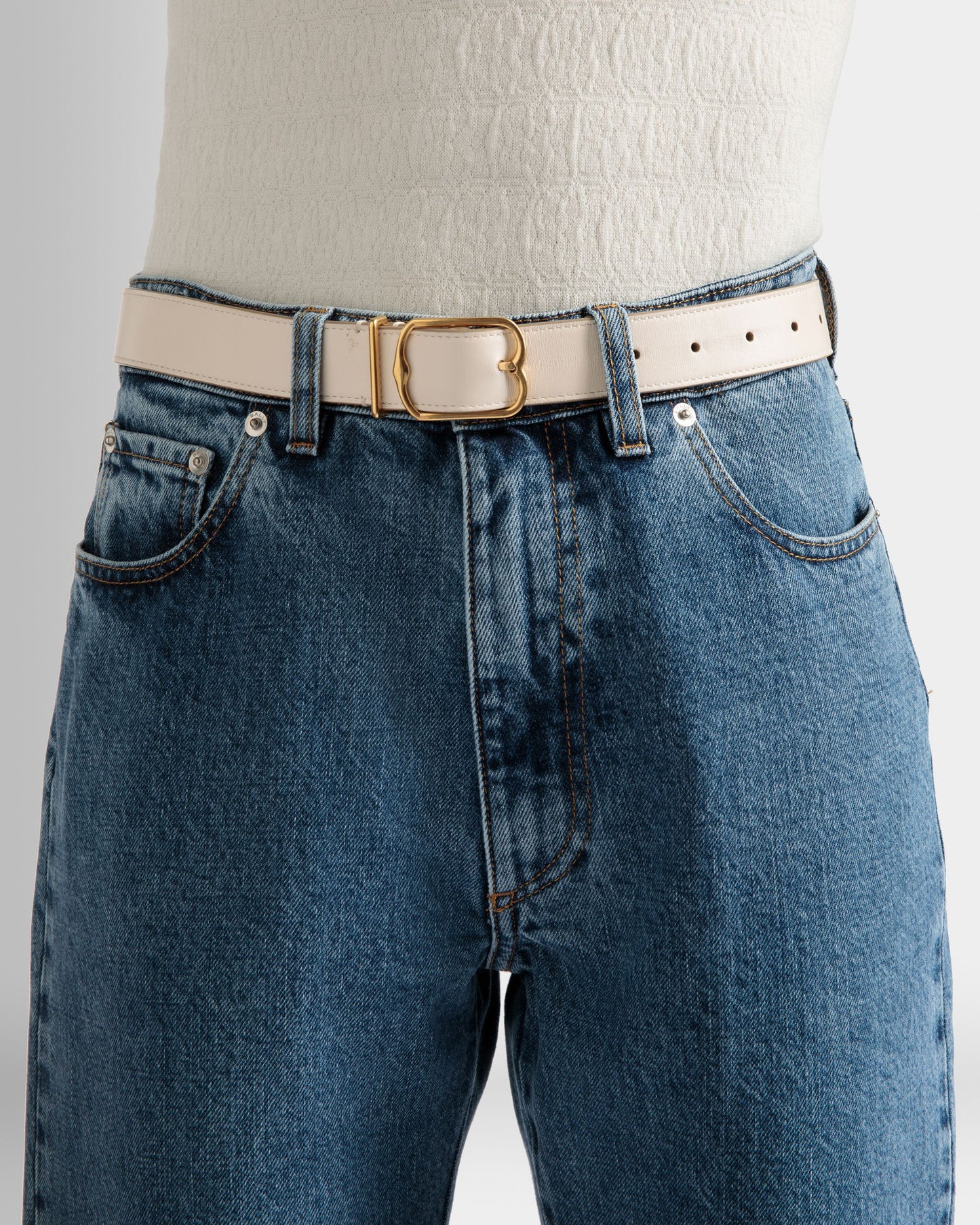 Emblem Belt | Women's Fixed Belt | Bone Leather | Bally | On Model Front