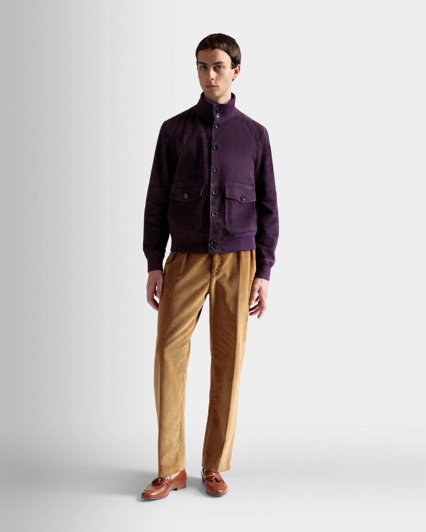 High Neck Bomber Jacket | Men's Outerwear | Orchid Suede | Bally | On Model Front