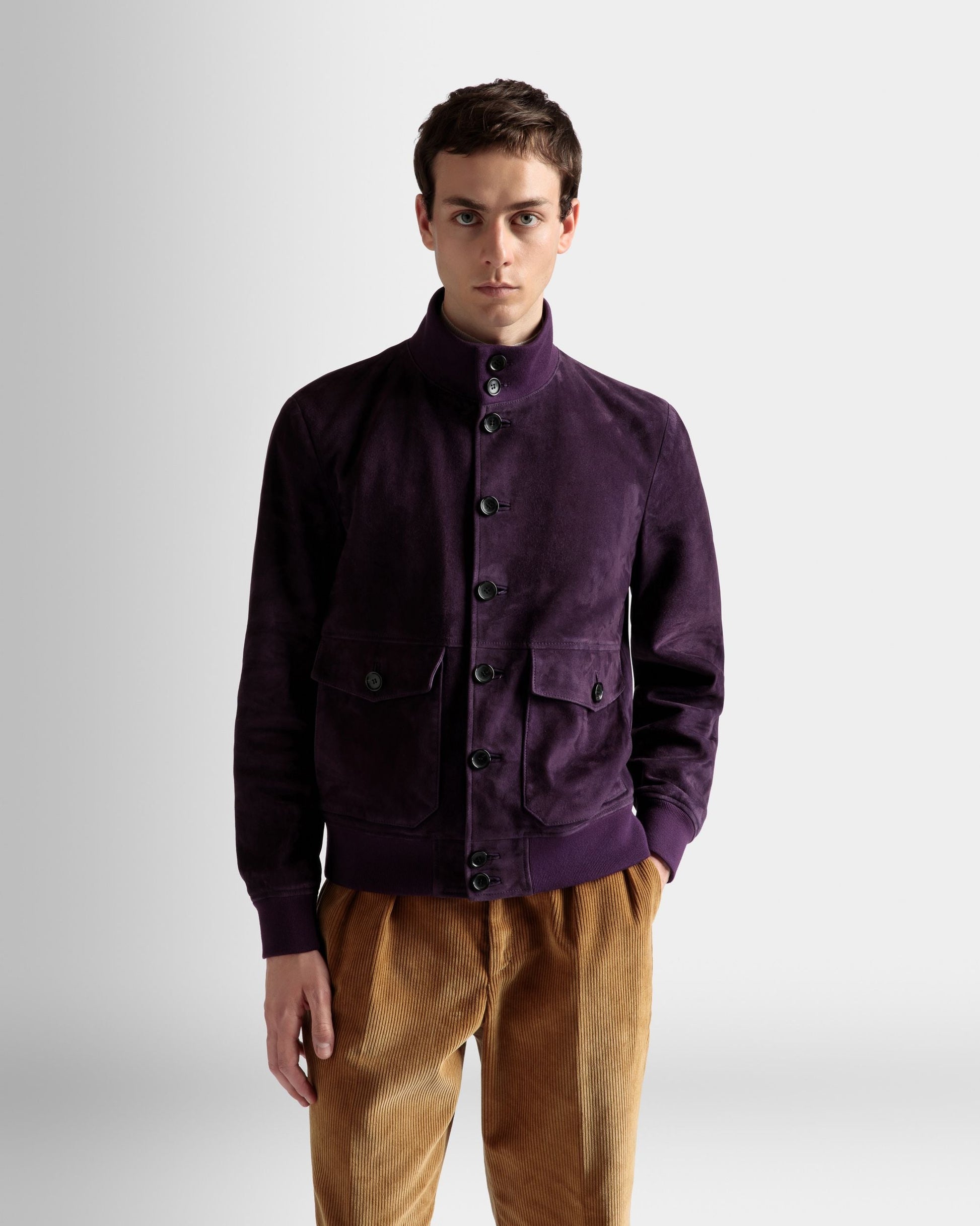 High Neck Bomber Jacket | Men's Outerwear | Orchid Suede | Bally | On Model Close Up