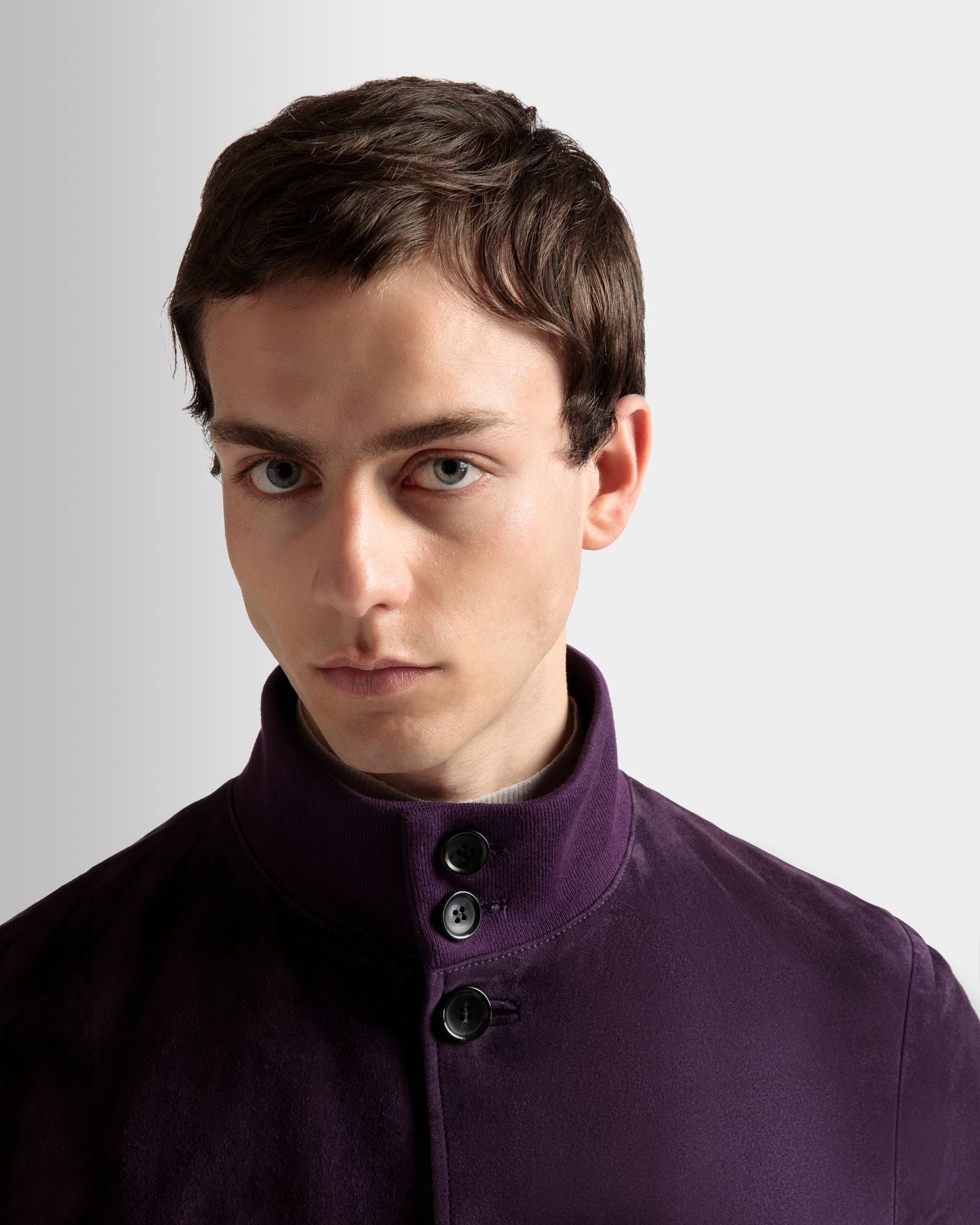 High Neck Bomber Jacket | Men's Outerwear | Orchid Suede | Bally | On Model Detail
