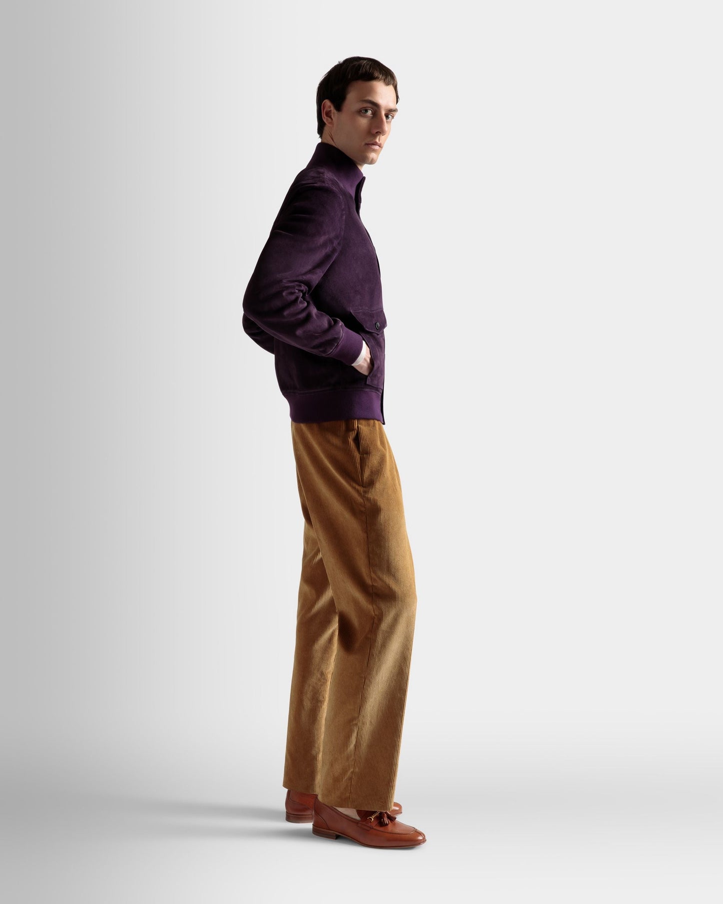 High Neck Bomber Jacket | Men's Outerwear | Orchid Suede | Bally | On Model 3/4 Front