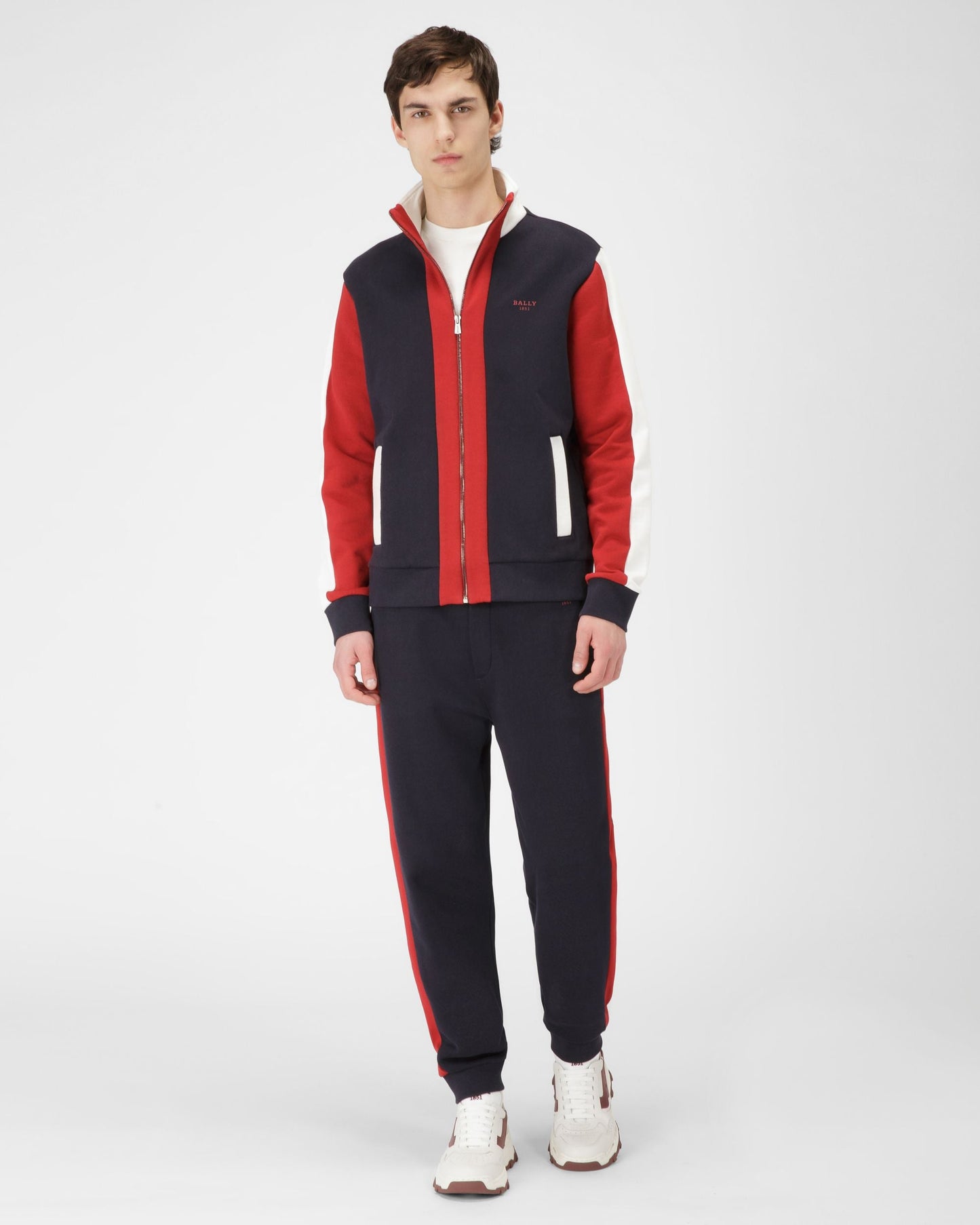 Techno Cotton Trousers In Navy & Bally Red