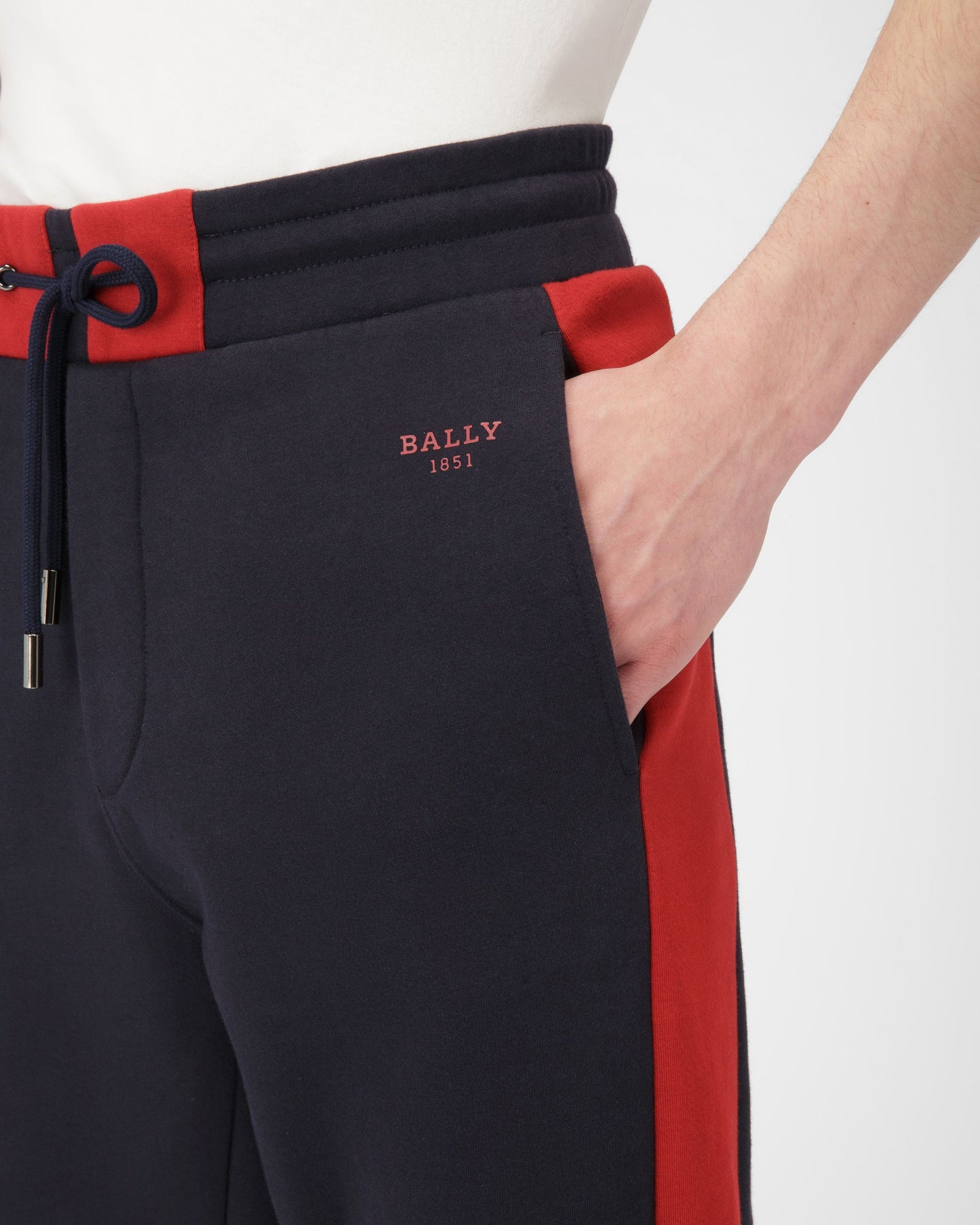 Techno Cotton Trousers In Navy & Bally Red