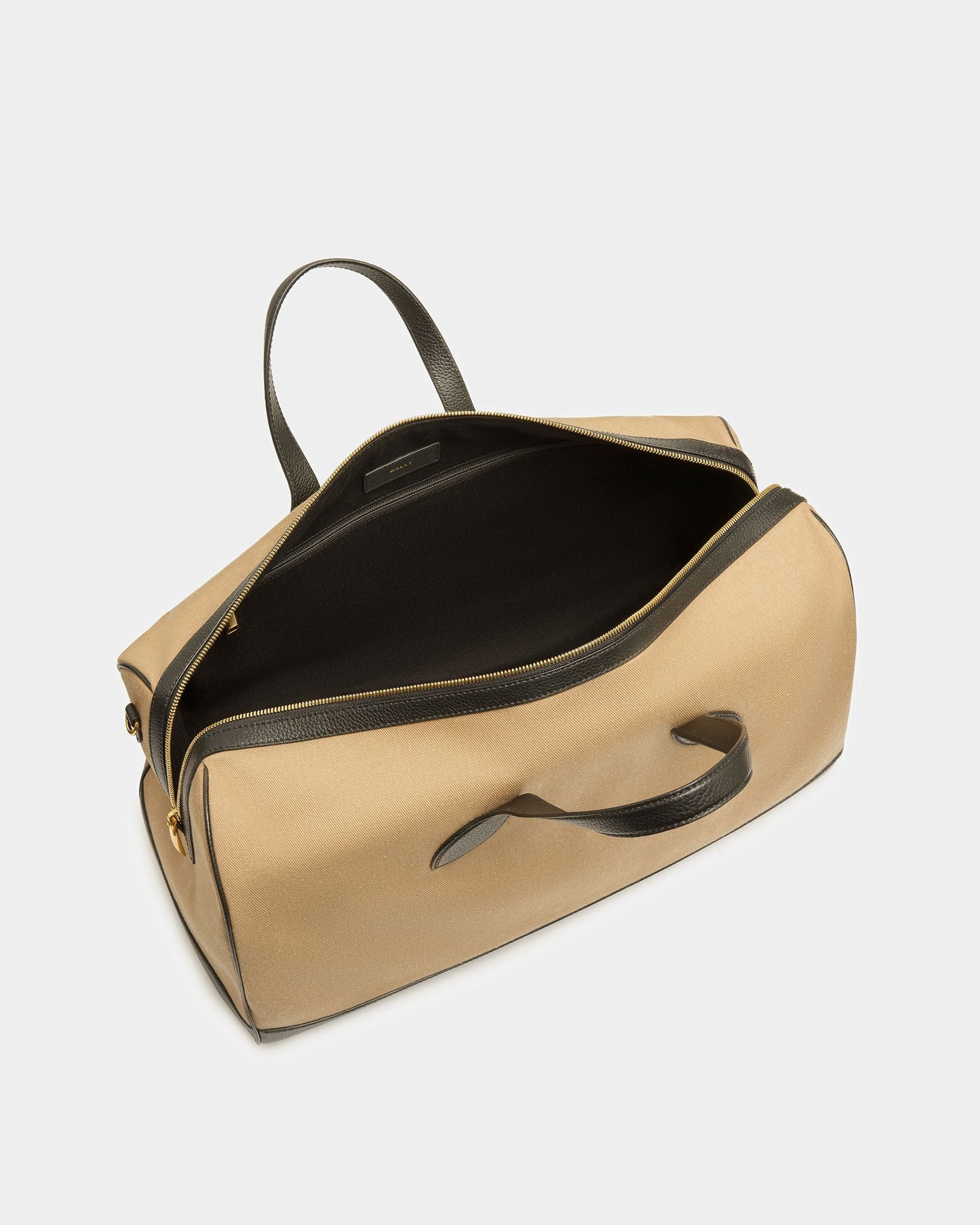 36 Hours | Men's Travel Bag | Sand And Black Fabric And Leather | Bally | Still Life Open / Inside