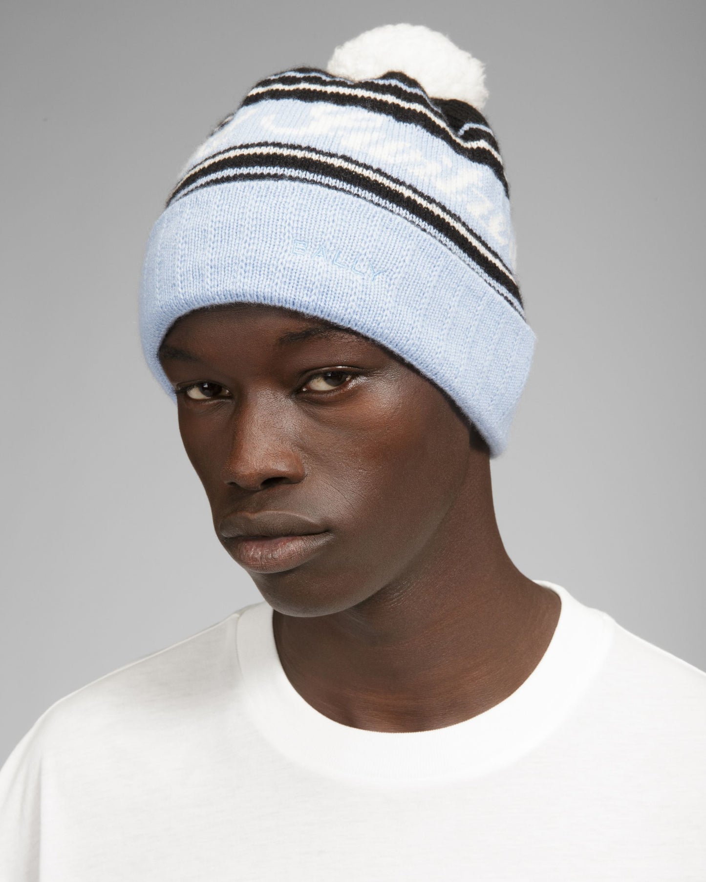 Wool Jacquard Hat In Light Blue & Black