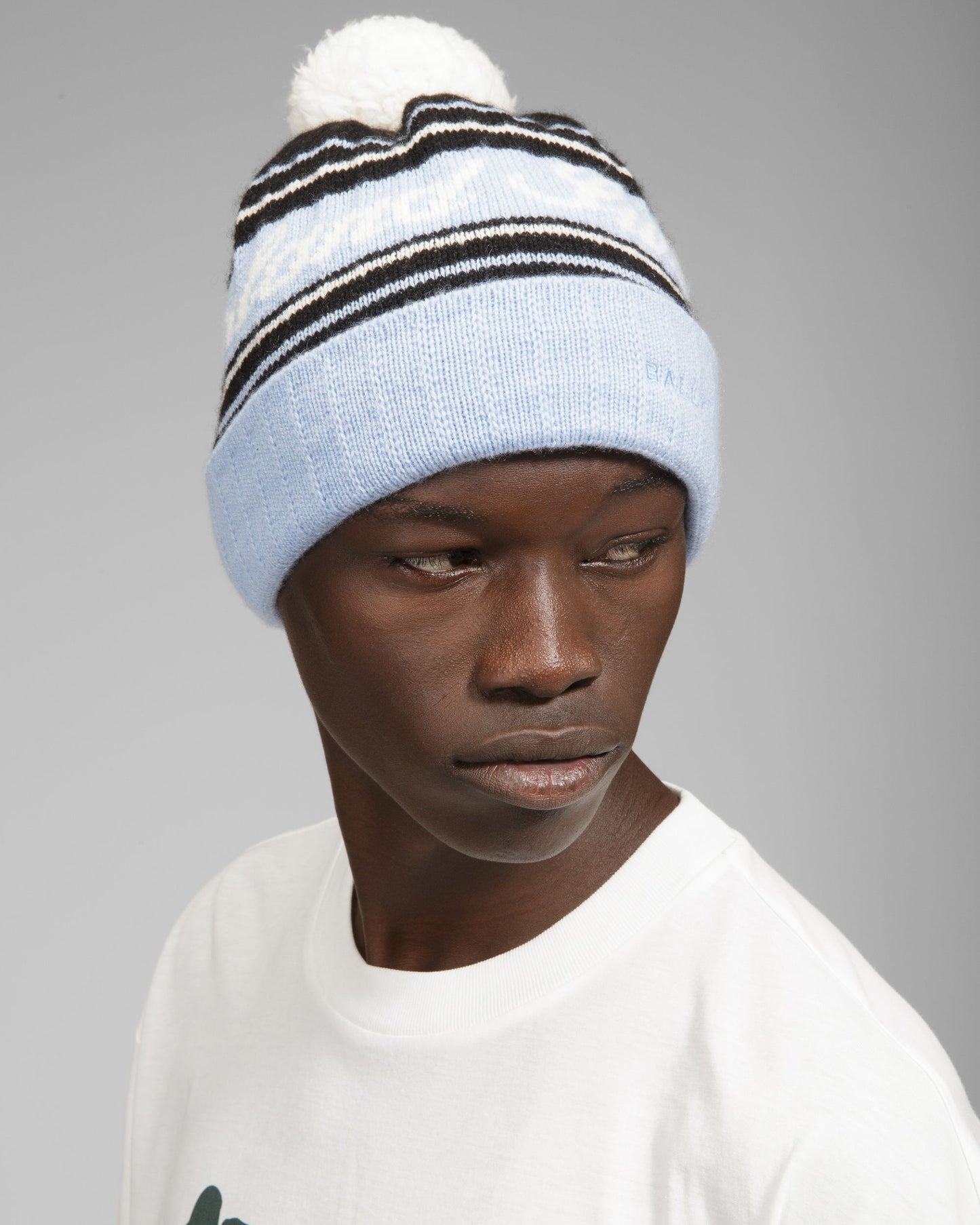 Wool Jacquard Hat In Light Blue & Black