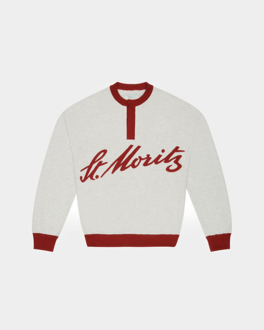 Curling Collection V-Neck Sweater in Light Grey and Red Cashmere
