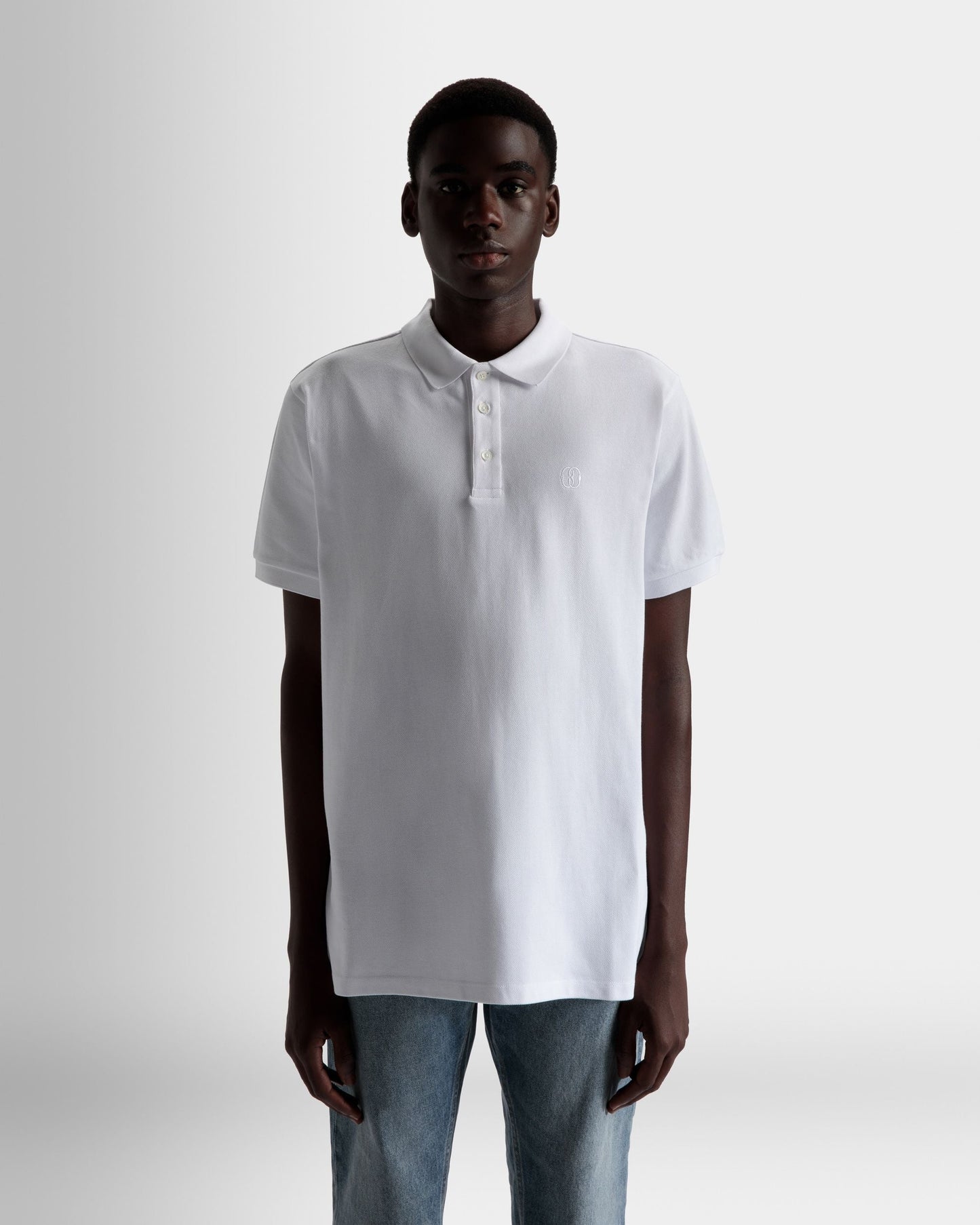 Short Sleeve Polo | Men's Polo | White Cotton | Bally | On Model Close Up