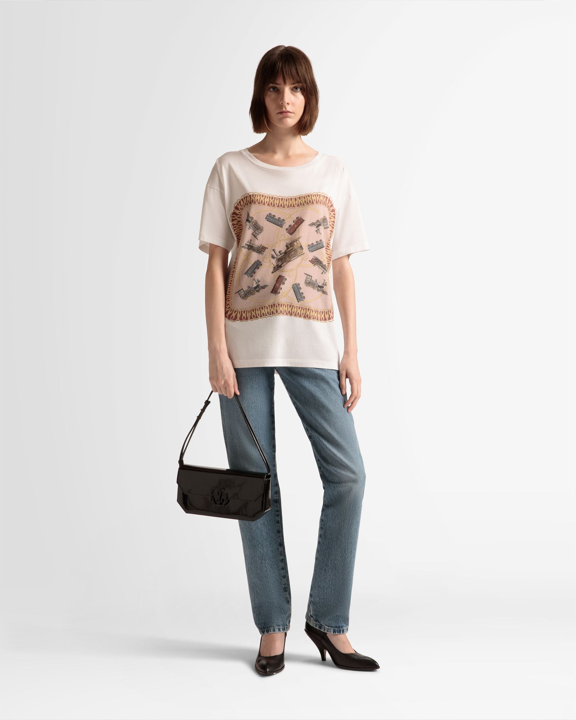 Train Print T-Shirt | Men's T-Shirt | White Cotton | Bally | On Model Front