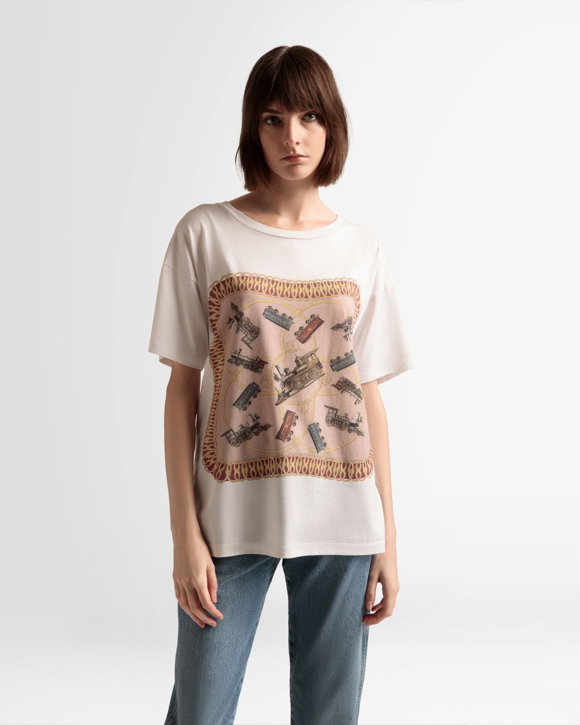 Train Print T-Shirt | Men's T-Shirt | White Cotton | Bally | On Model Close Up
