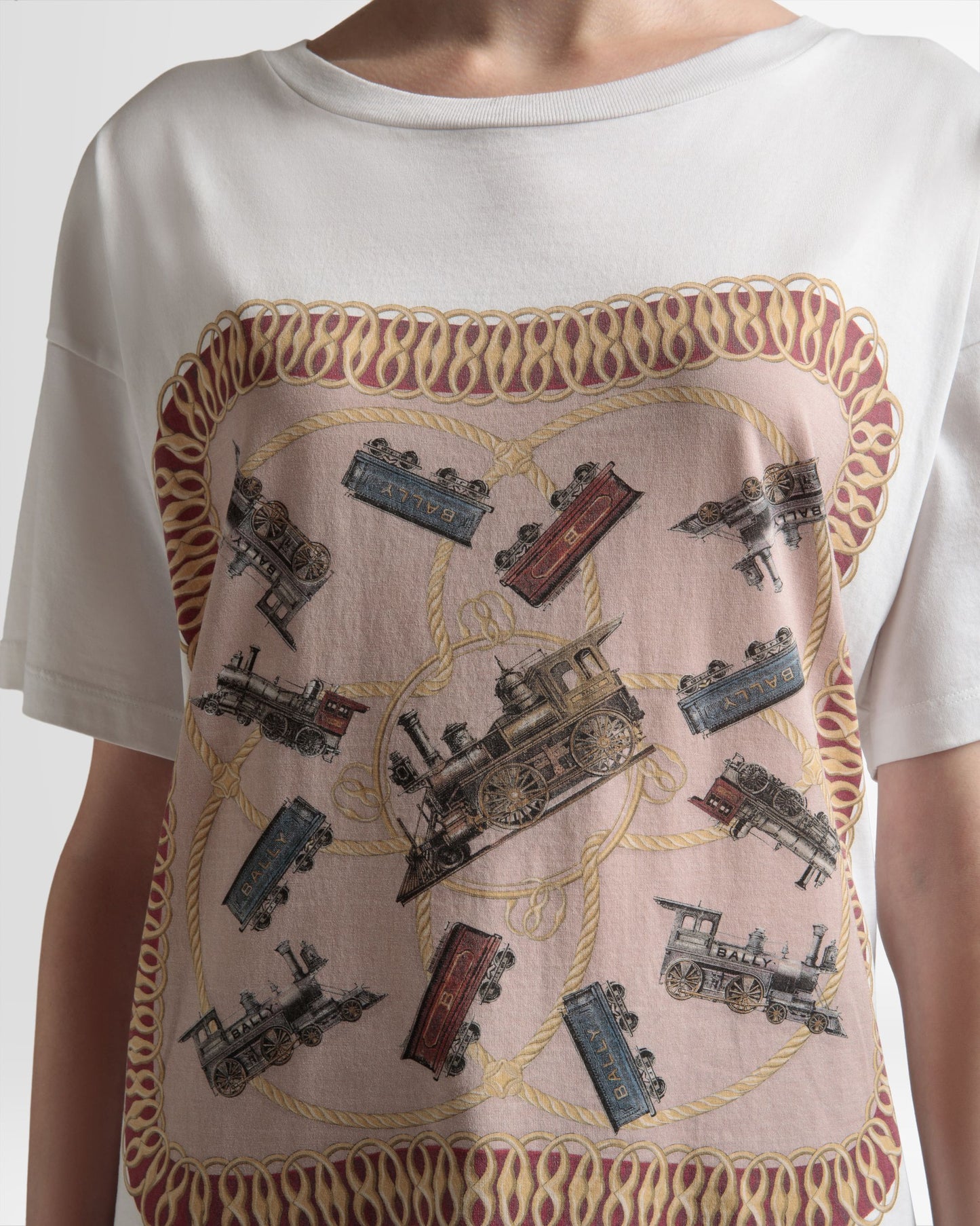 Train Print T-Shirt | Men's T-Shirt | White Cotton | Bally | On Model Detail