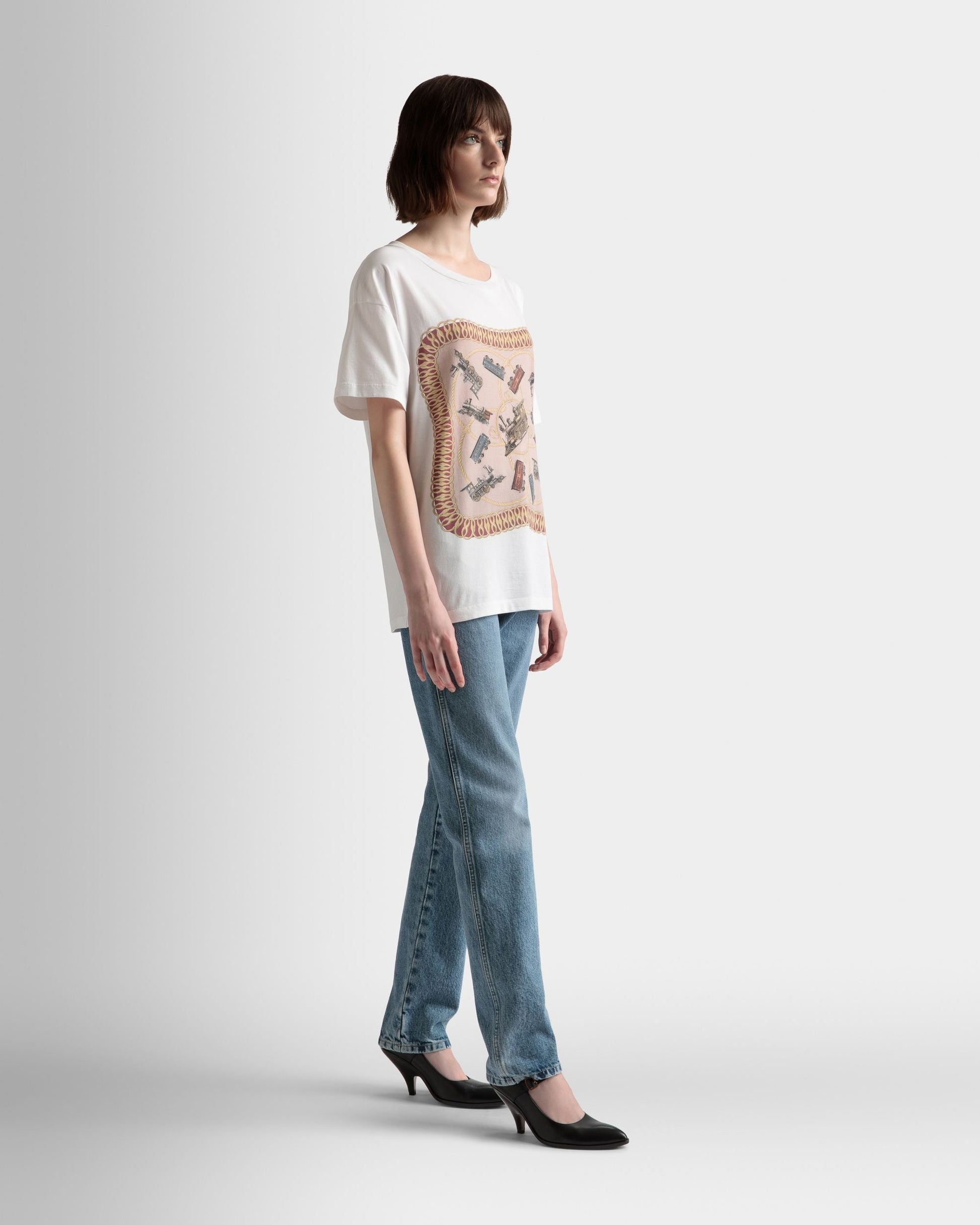Train Print T-Shirt | Men's T-Shirt | White Cotton | Bally | On Model 3/4 Front