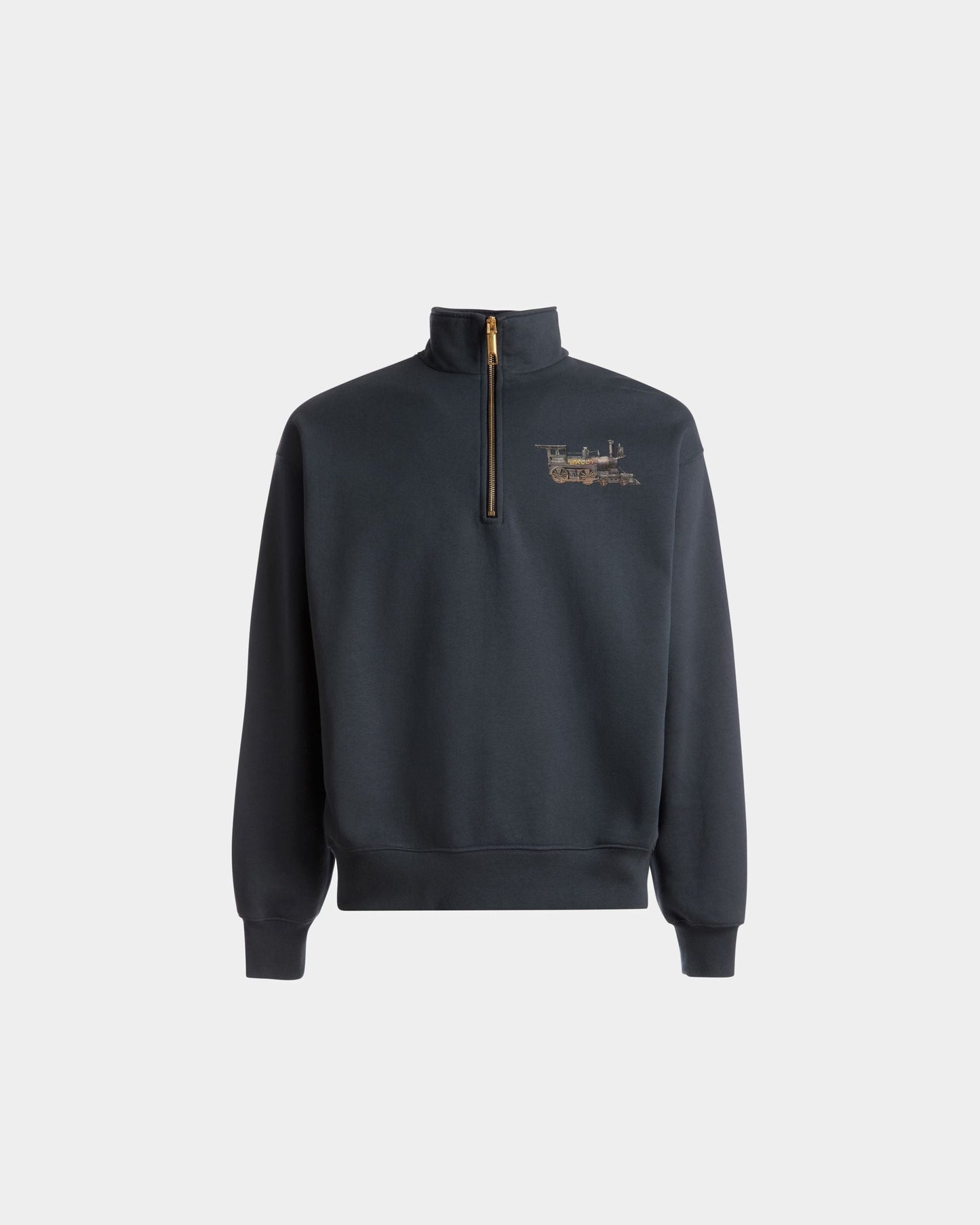 Train Print Half-Zipper Sweatshirt | Men's Sweatshirt | Stone Cotton | Bally | Still Life Front