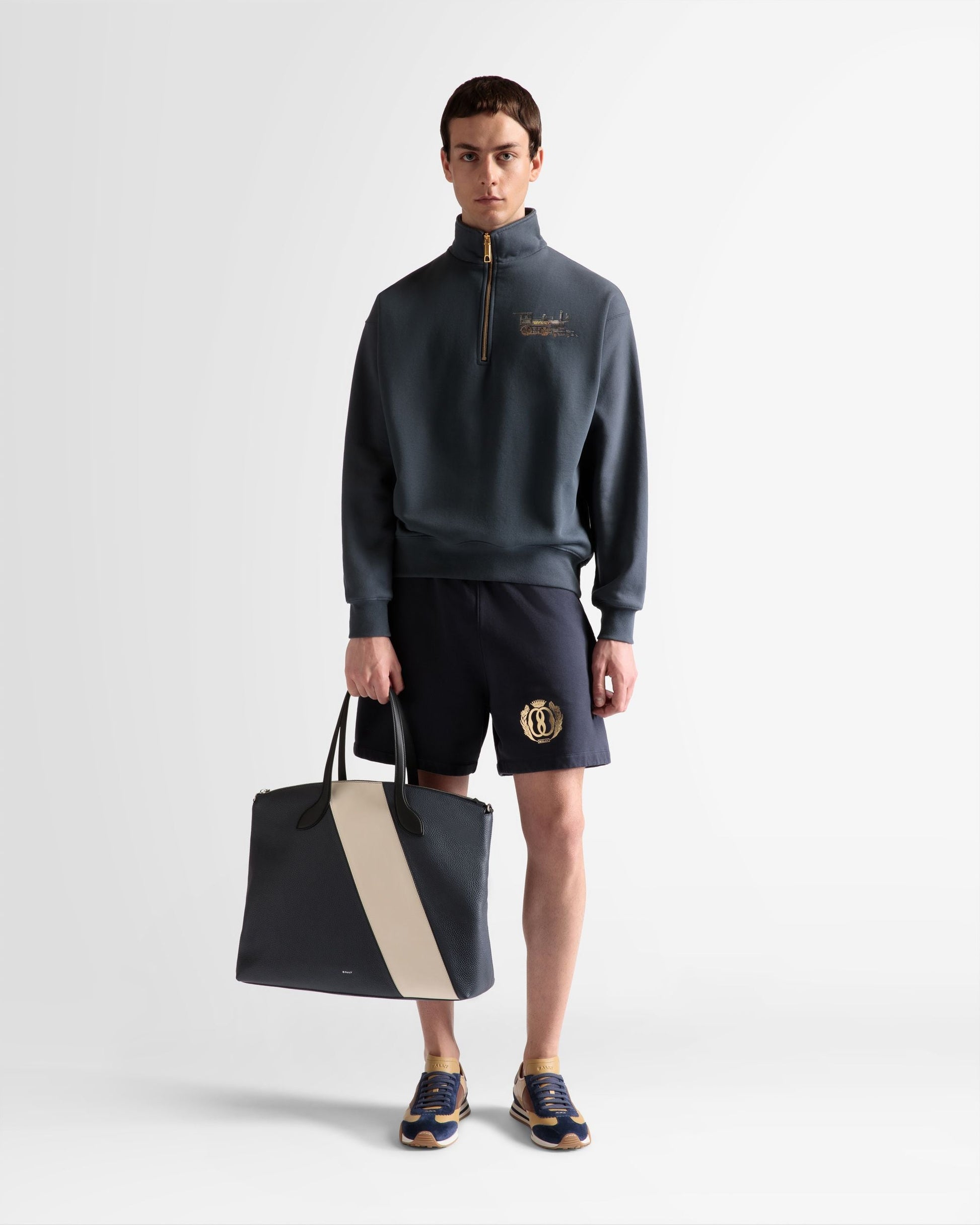 Train Print Half-Zipper Sweatshirt | Men's Sweatshirt | Stone Cotton | Bally | On Model Front