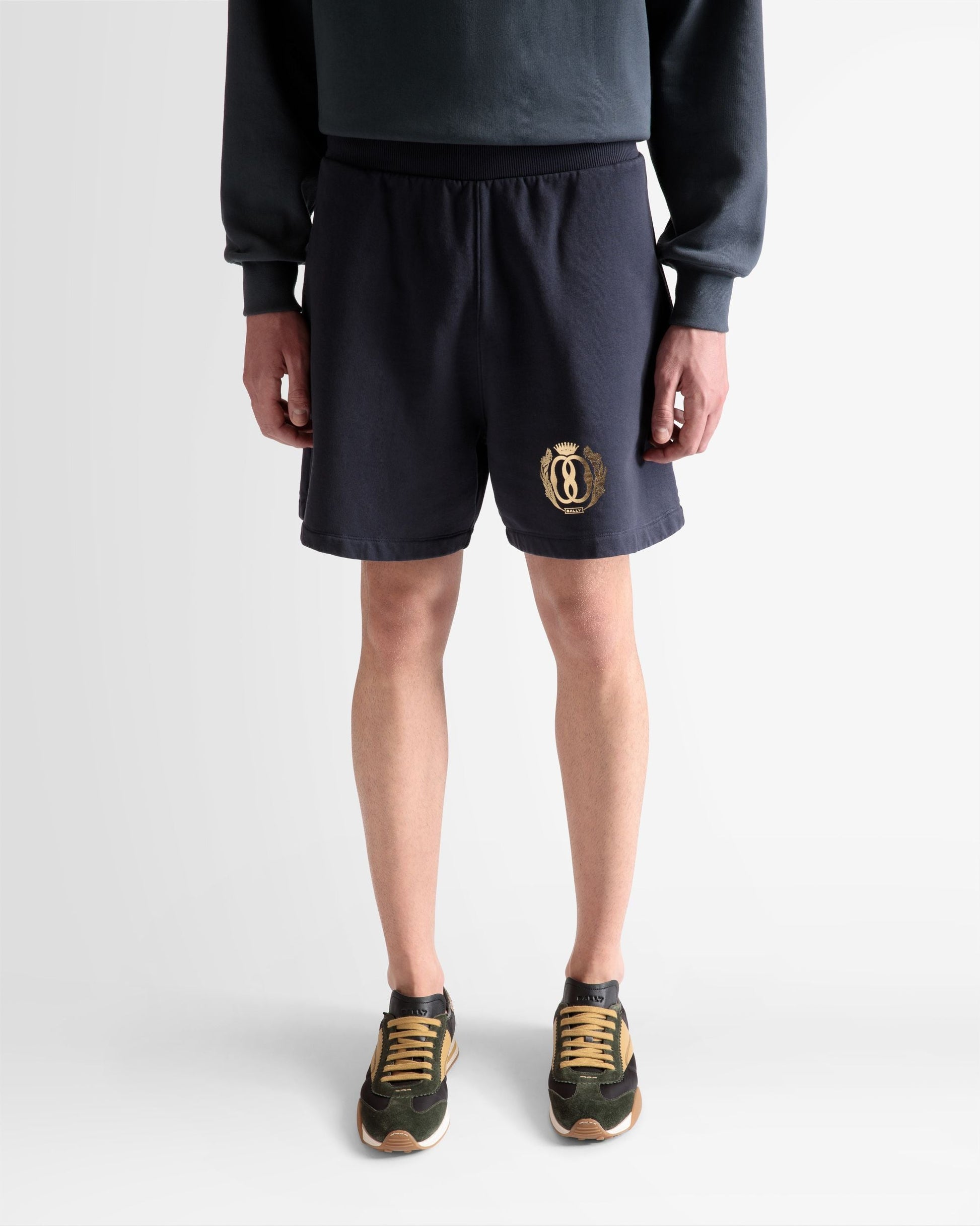 Train Print Half-Zipper Sweatshirt | Men's Sweatshirt | Stone Cotton | Bally | On Model Close Up