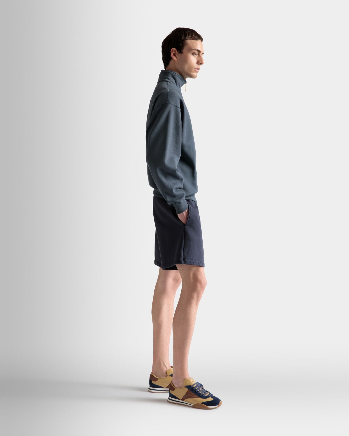Train Print Half-Zipper Sweatshirt | Men's Sweatshirt | Stone Cotton | Bally | On Model 3/4 Front