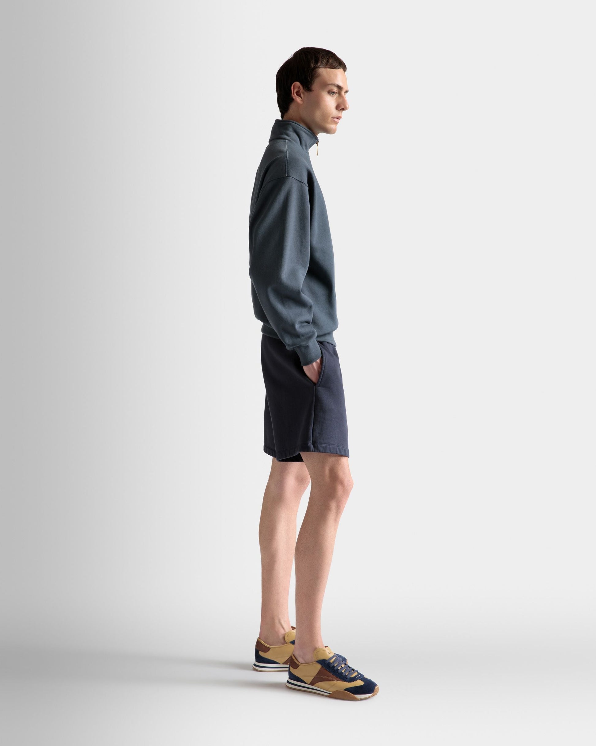 Train Print Half-Zipper Sweatshirt | Men's Sweatshirt | Stone Cotton | Bally | On Model 3/4 Front