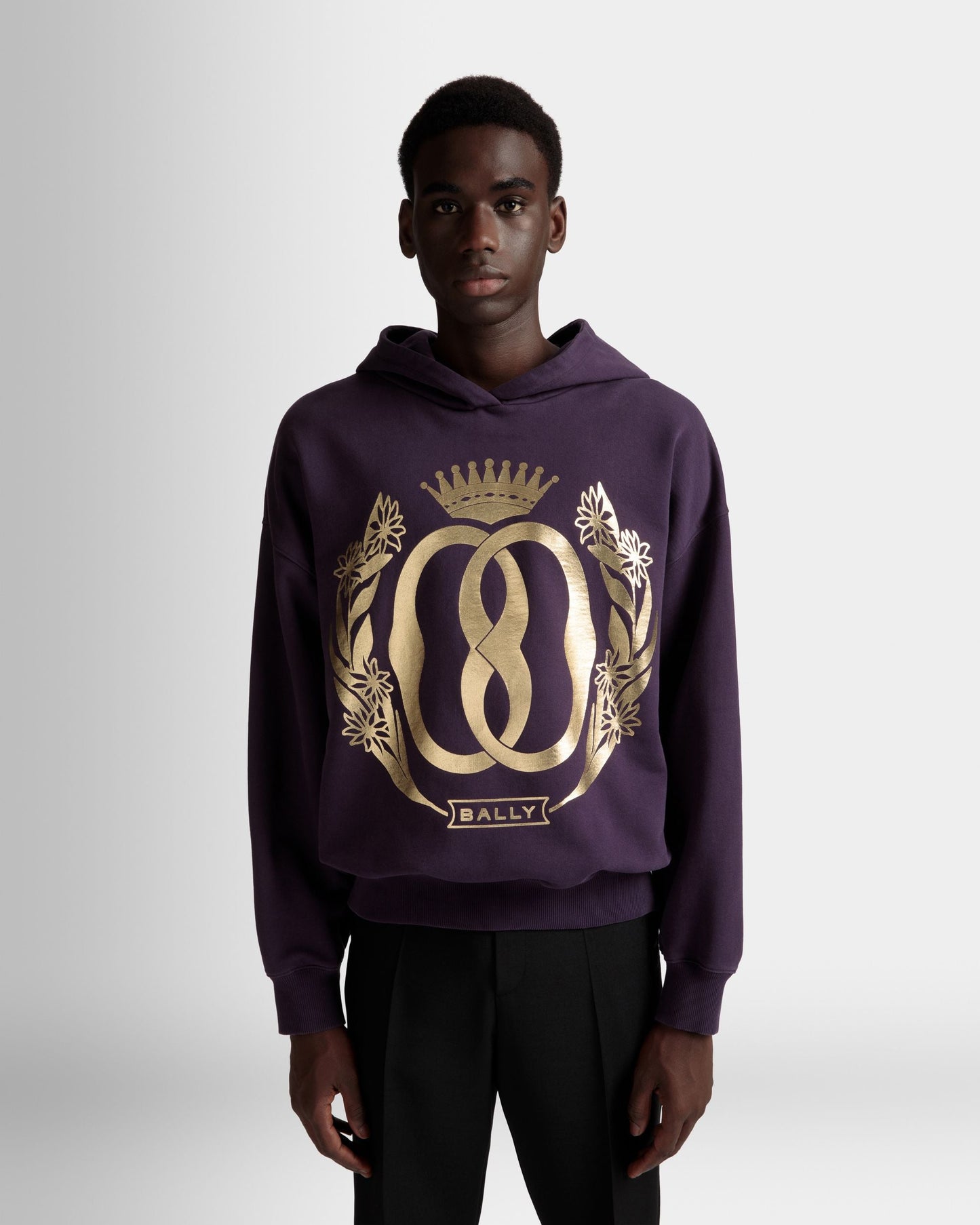 Foiled Hooded Sweatshirt | Men's Sweatshirt | Orchid Cotton | Bally | On Model Close Up