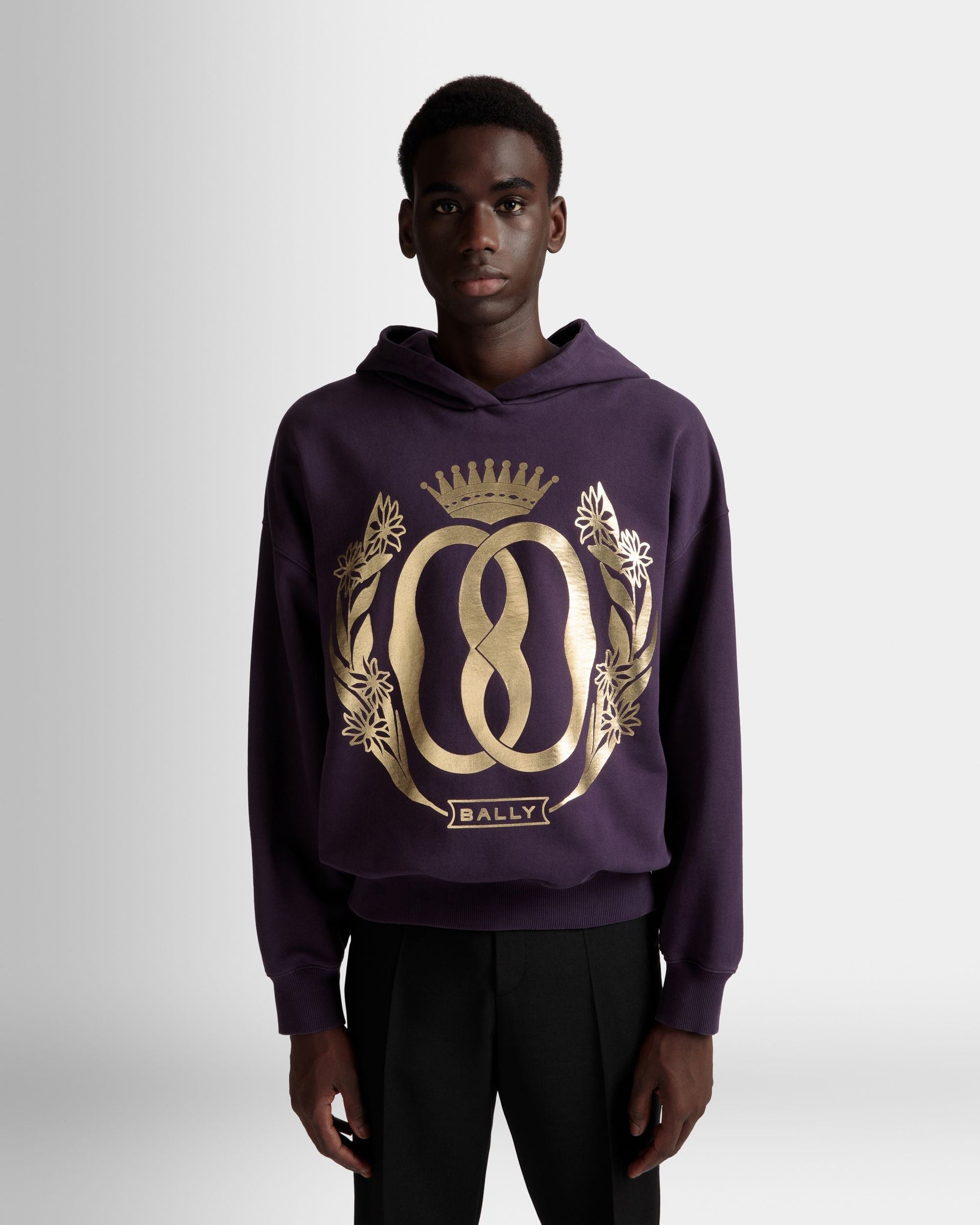 Foiled Hooded Sweatshirt | Men's Sweatshirt | Orchid Cotton | Bally | On Model Close Up