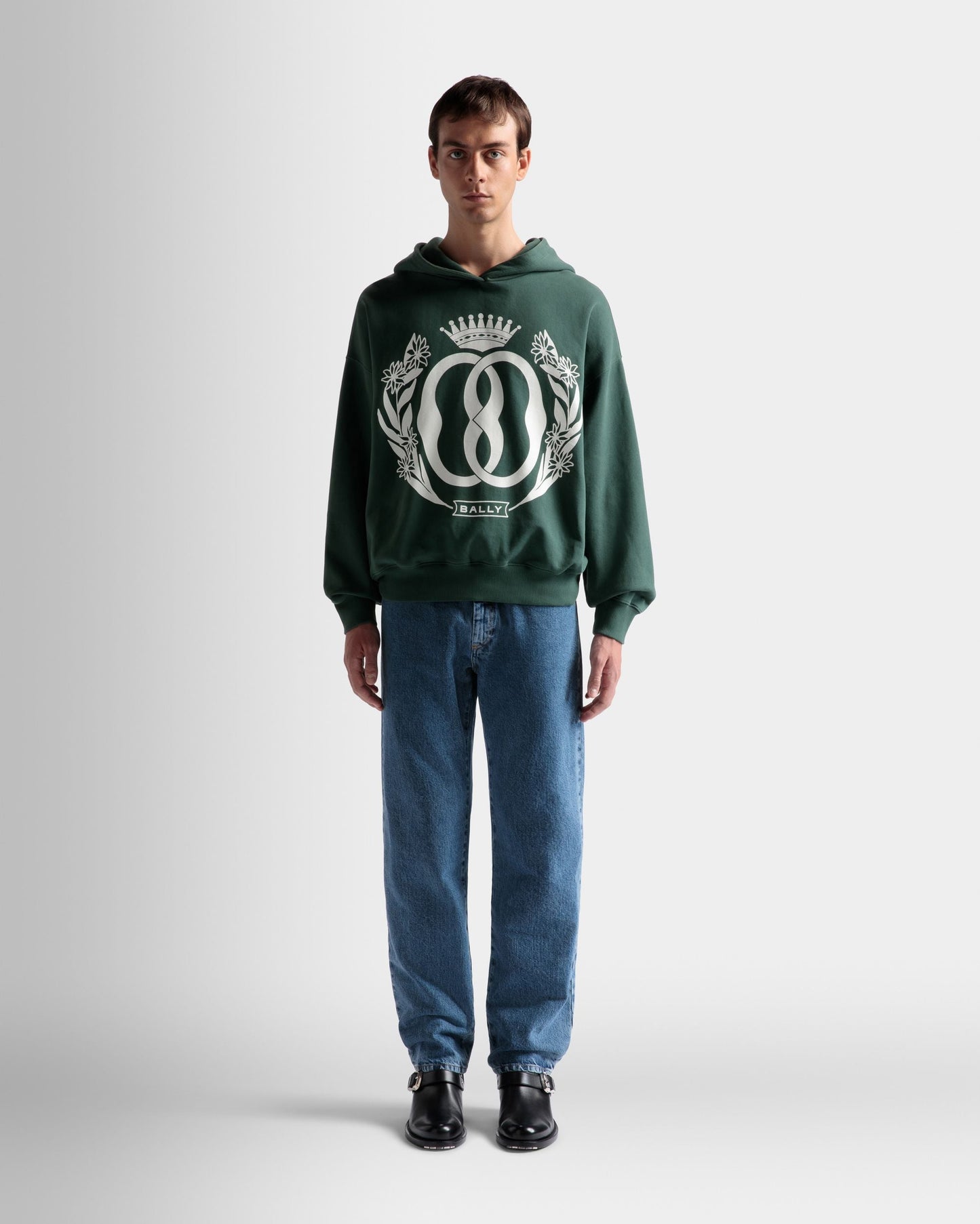 Foiled Hooded Sweatshirt | Men's Sweatshirt | Kelly Green Cotton | Bally | On Model Front