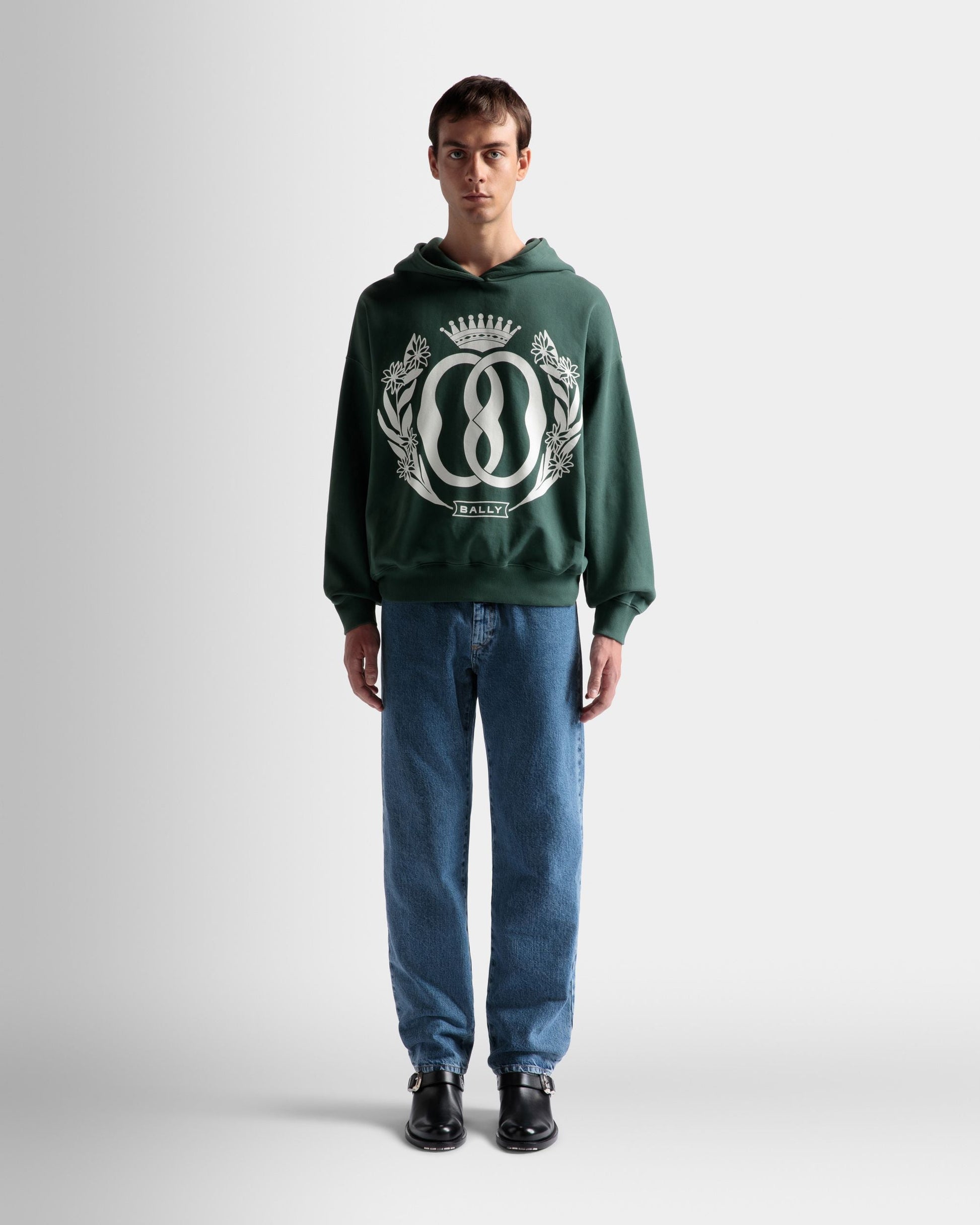 Foiled Hooded Sweatshirt | Men's Sweatshirt | Kelly Green Cotton | Bally | On Model Front