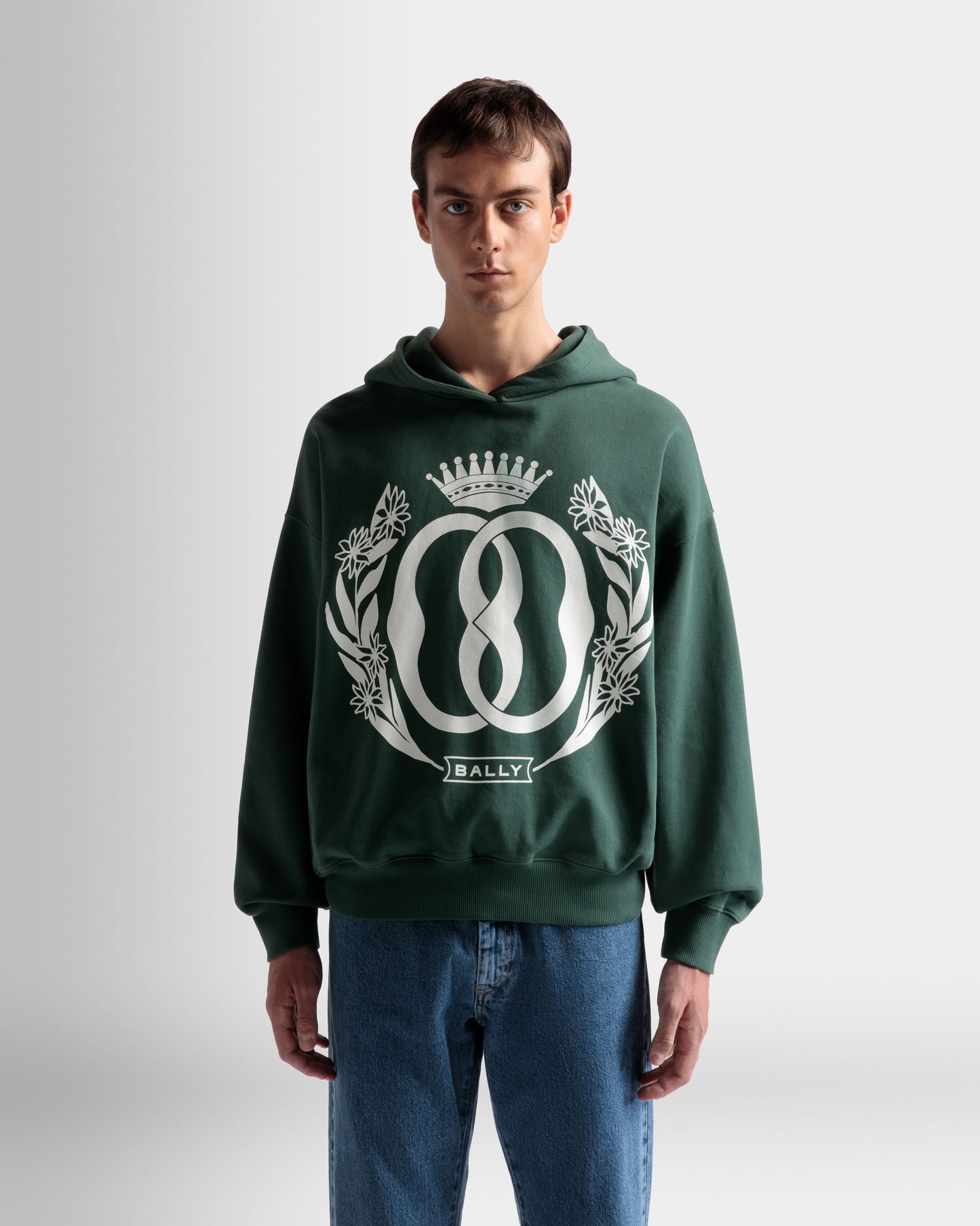 Foiled Hooded Sweatshirt | Men's Sweatshirt | Kelly Green Cotton | Bally | On Model Close Up