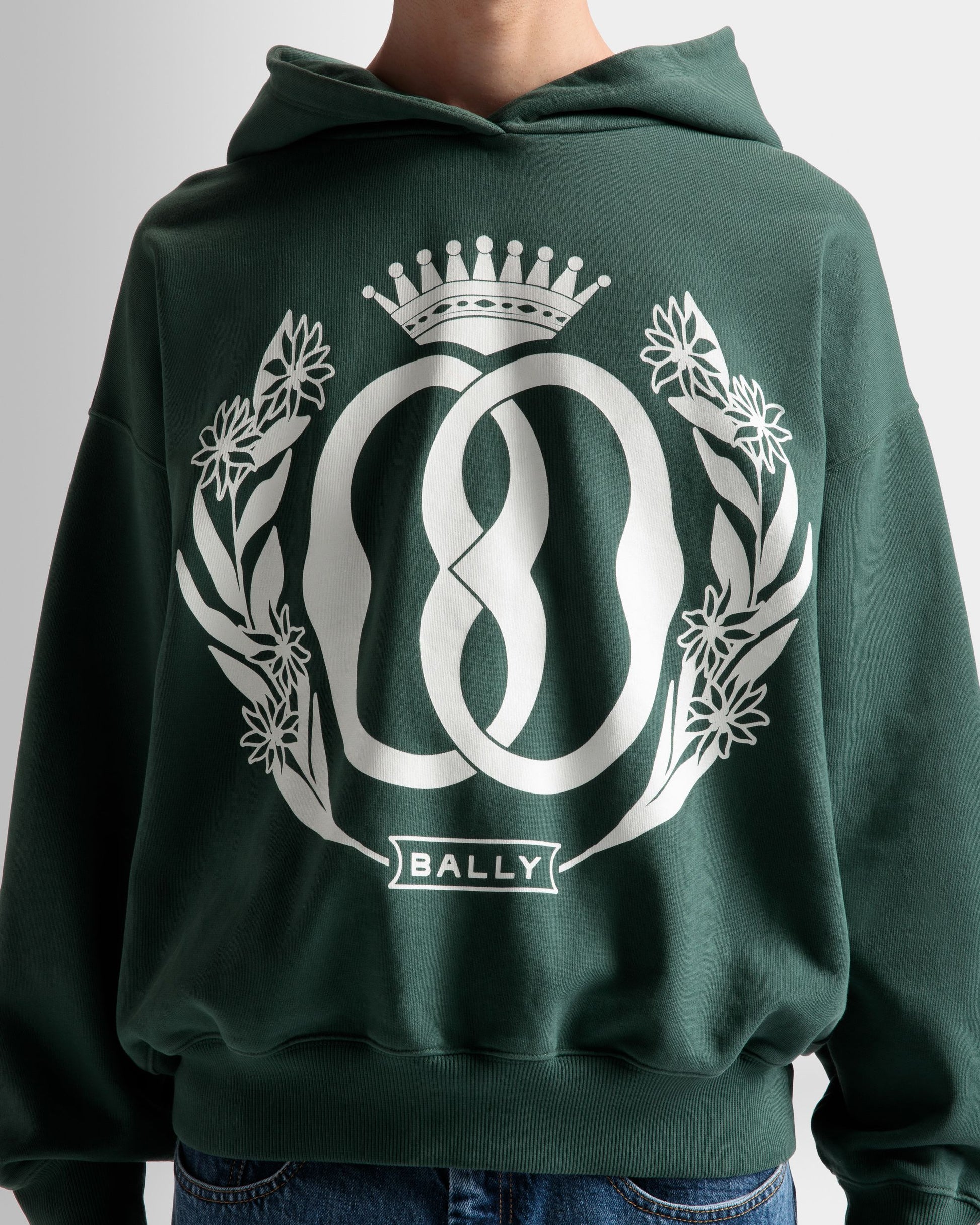 Foiled Hooded Sweatshirt | Men's Sweatshirt | Kelly Green Cotton | Bally | On Model Detail