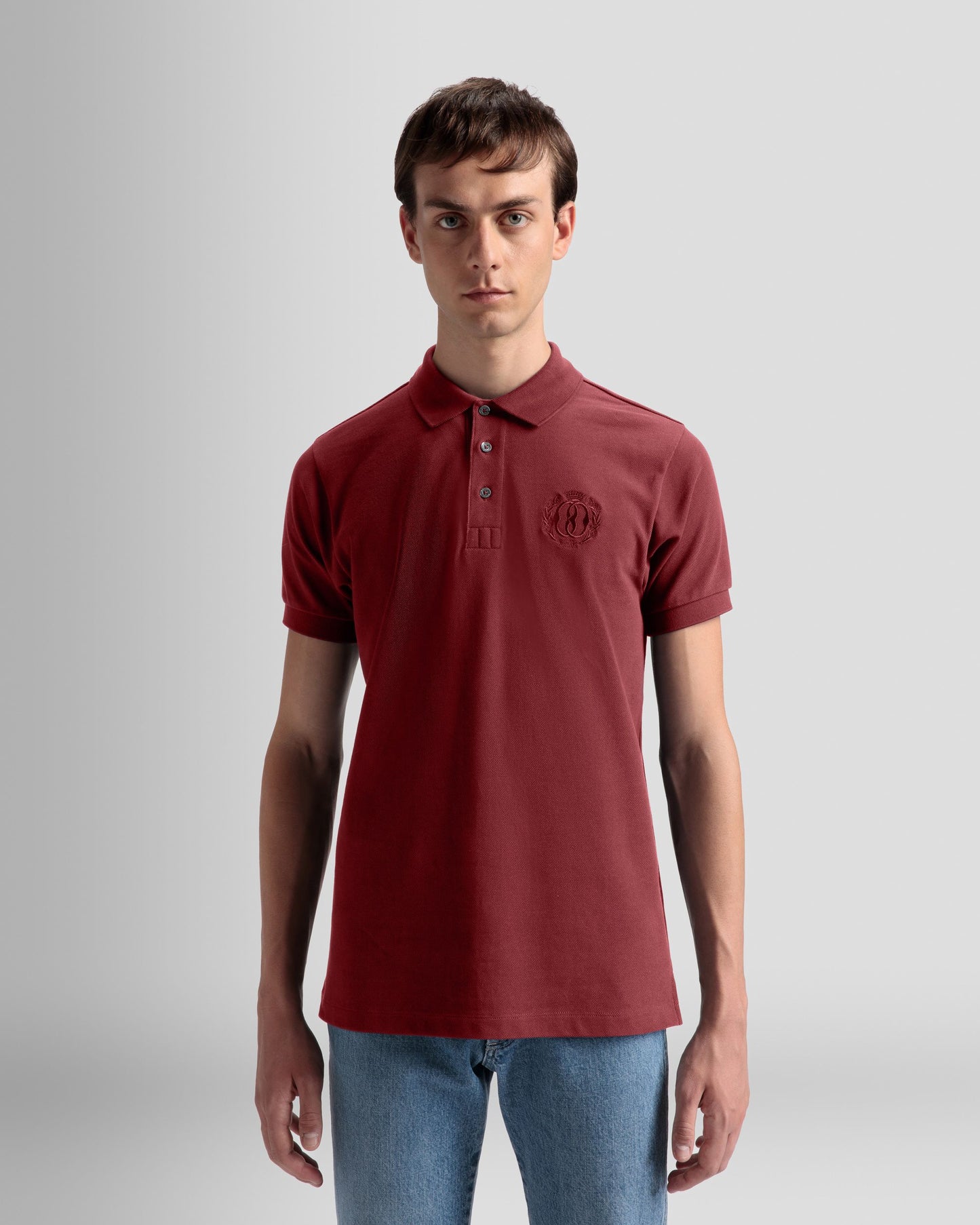 Emblem Polo | Men's Polo | Burgundy Cotton | Bally | On Model Close Up