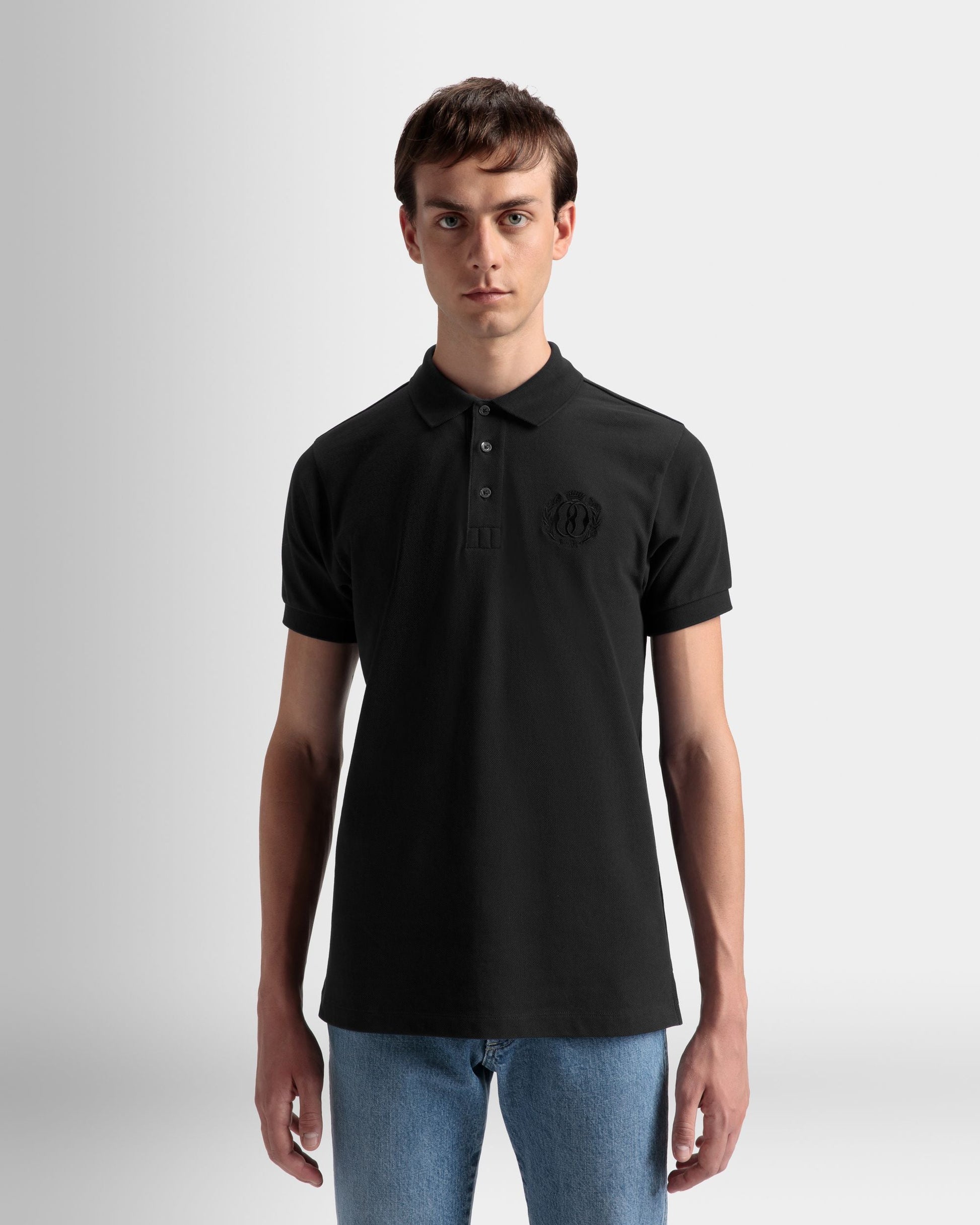 Emblem Polo | Men's Polo | Black Cotton | Bally | On Model Close Up