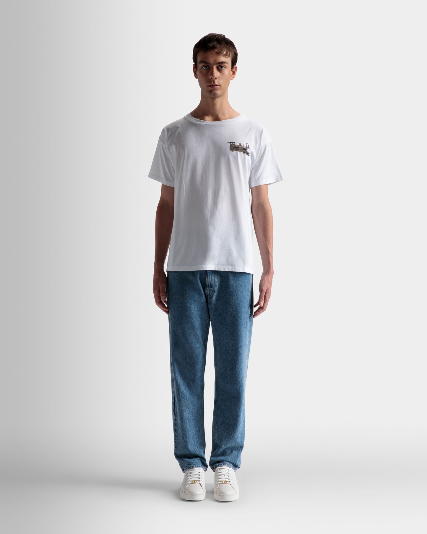 Train Motif T-Shirt | Men's T-Shirt | White Cotton | Bally | On Model Front