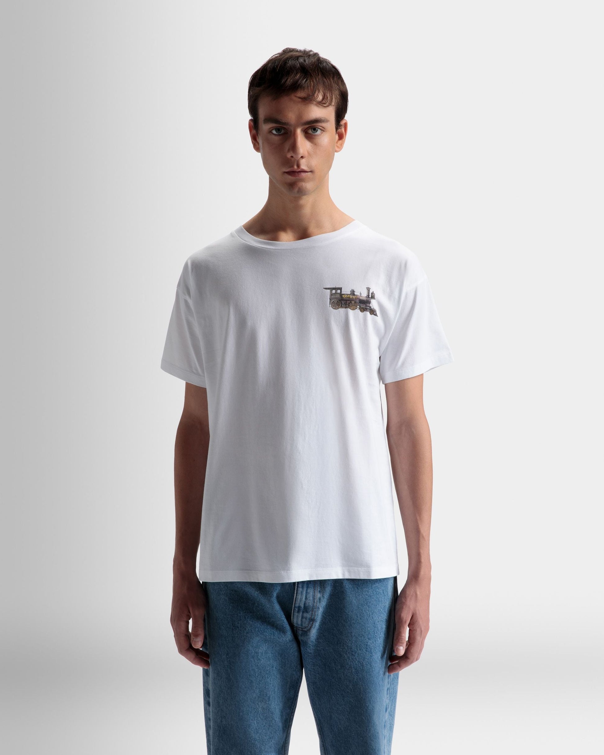 Train Motif T-Shirt | Men's T-Shirt | White Cotton | Bally | On Model Close Up