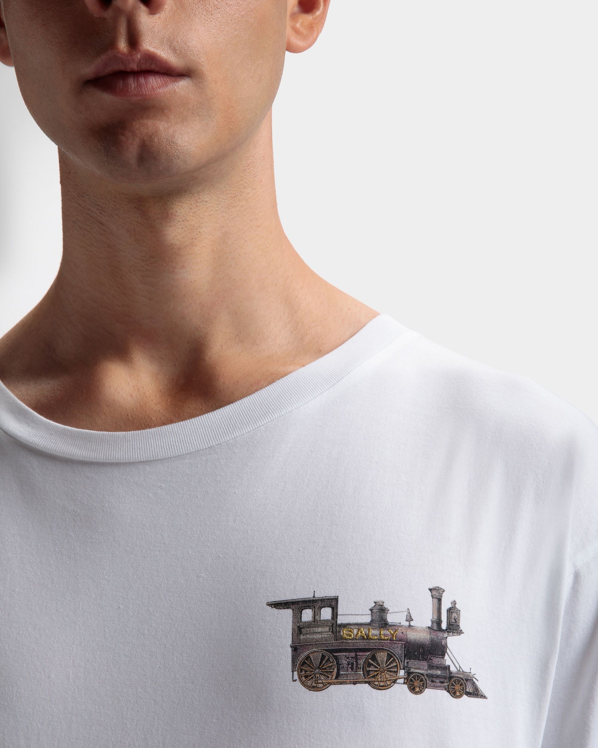 Train Motif T-Shirt | Men's T-Shirt | White Cotton | Bally | On Model Detail