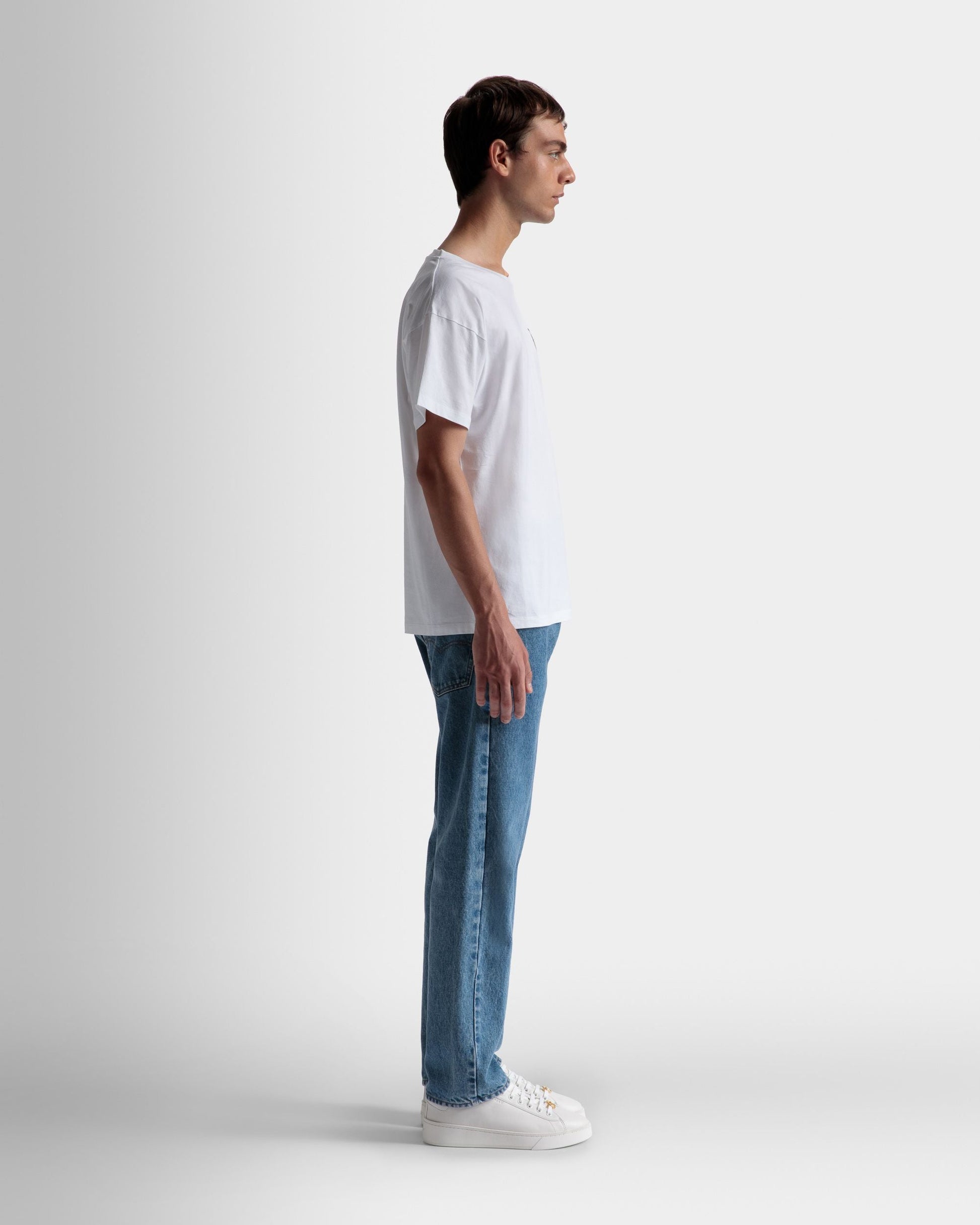 Train Motif T-Shirt | Men's T-Shirt | White Cotton | Bally | On Model 3/4 Front
