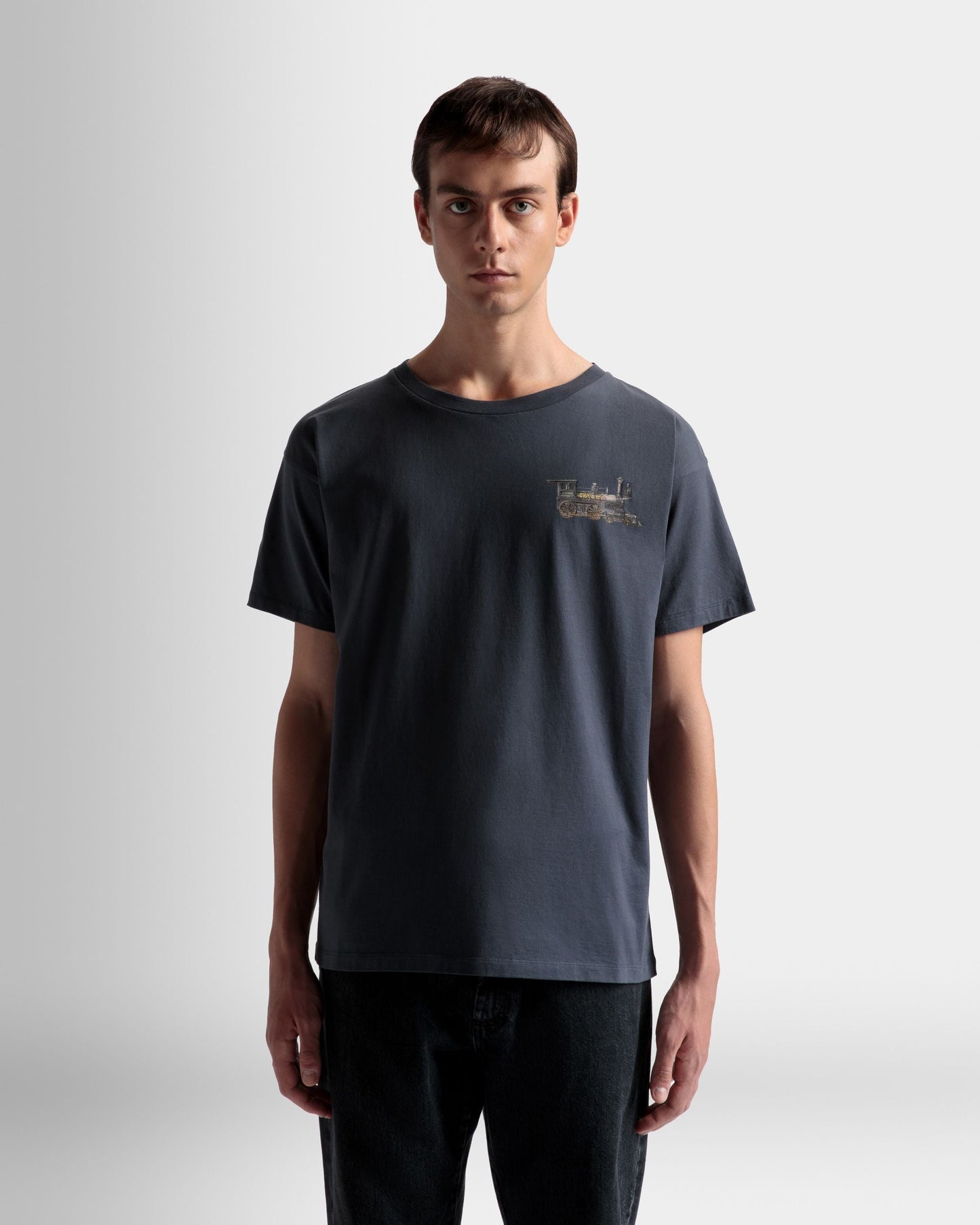 Train Motif T-Shirt | Men's T-Shirt | Stone Cotton | Bally | On Model Close Up