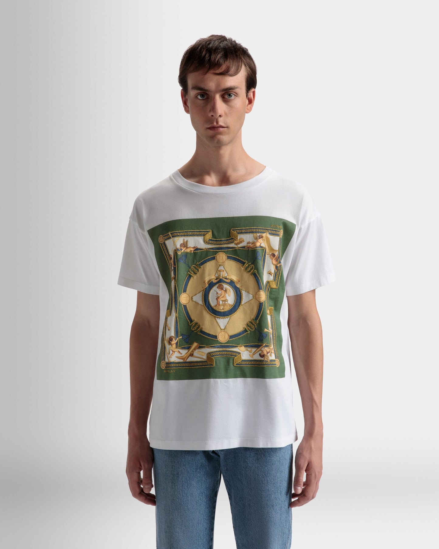 Printed T-Shirt | Men's T-Shirt | White Cotton | Bally | On Model Close Up