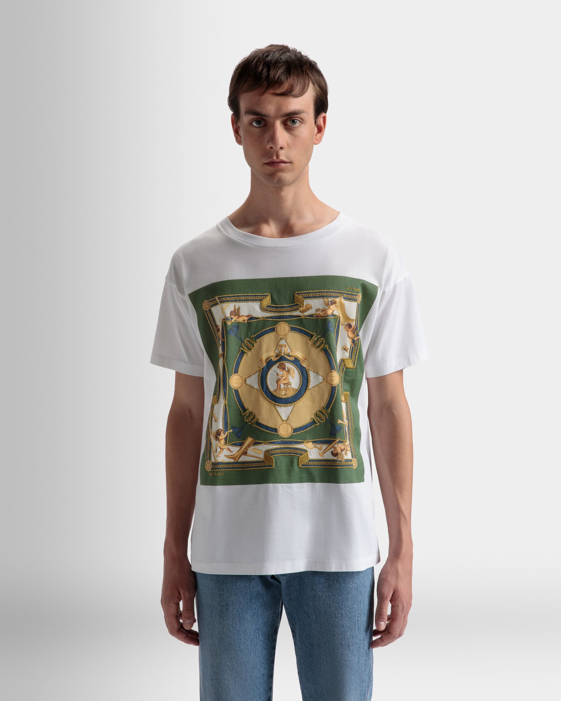 Printed T-Shirt | Men's T-Shirt | White Cotton | Bally | On Model Close Up
