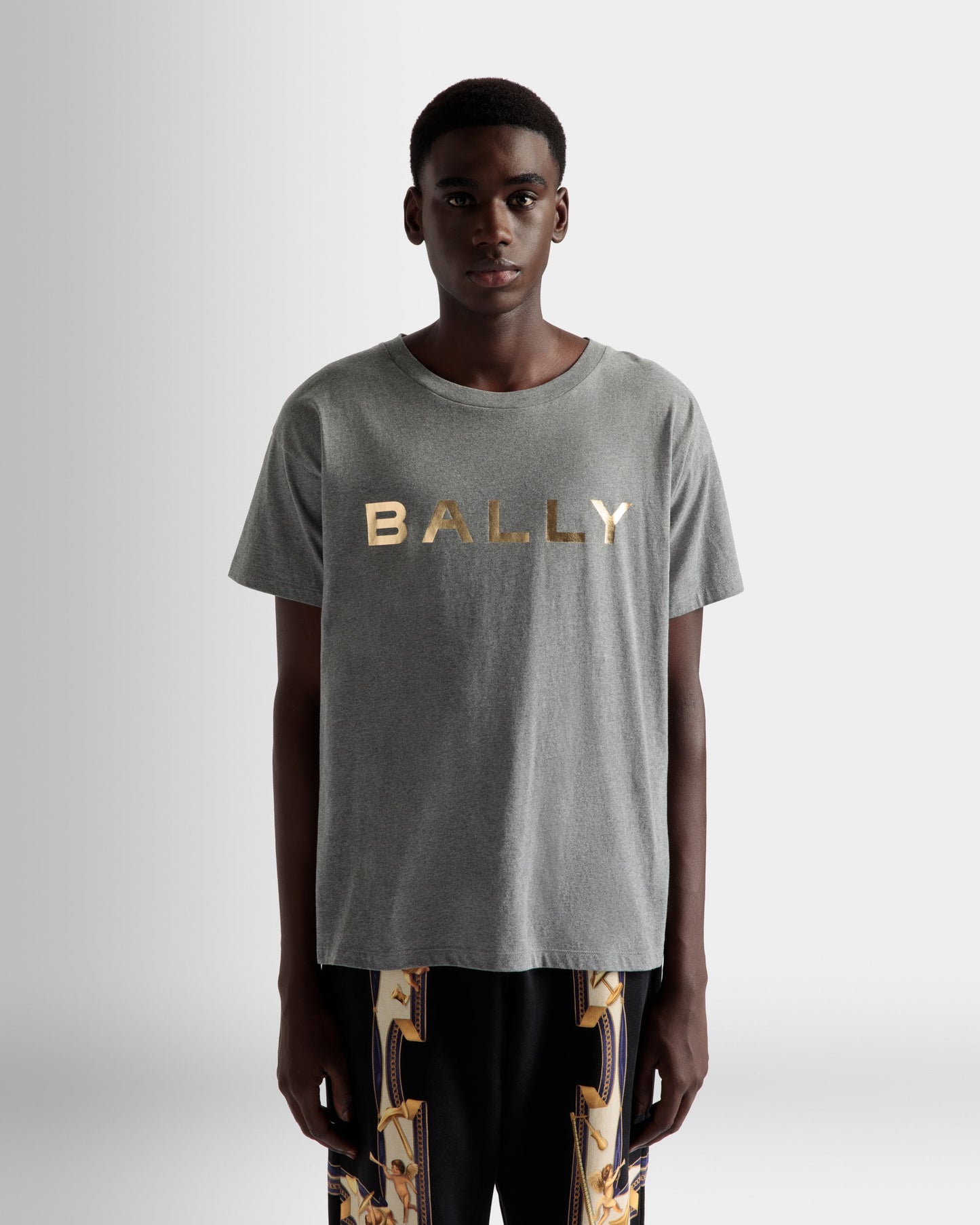 Logo T-Shirt | Men's T-Shirt | Grey Melange Cotton | Bally | On Model Close Up