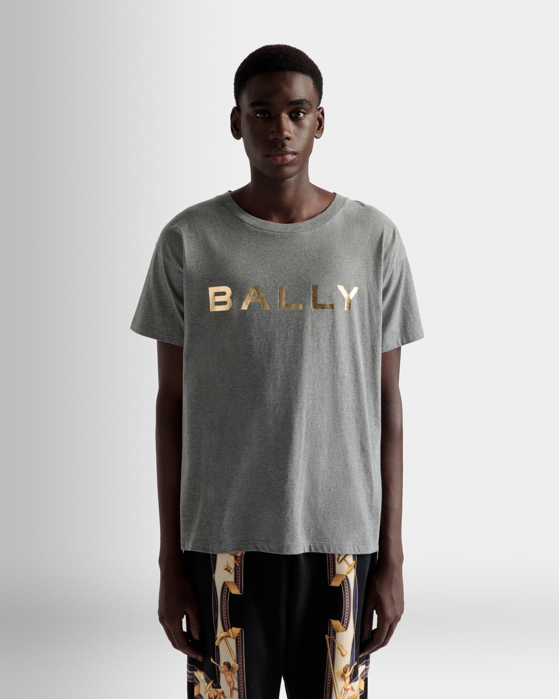 Logo T-Shirt | Men's T-Shirt | Grey Melange Cotton | Bally | On Model Close Up