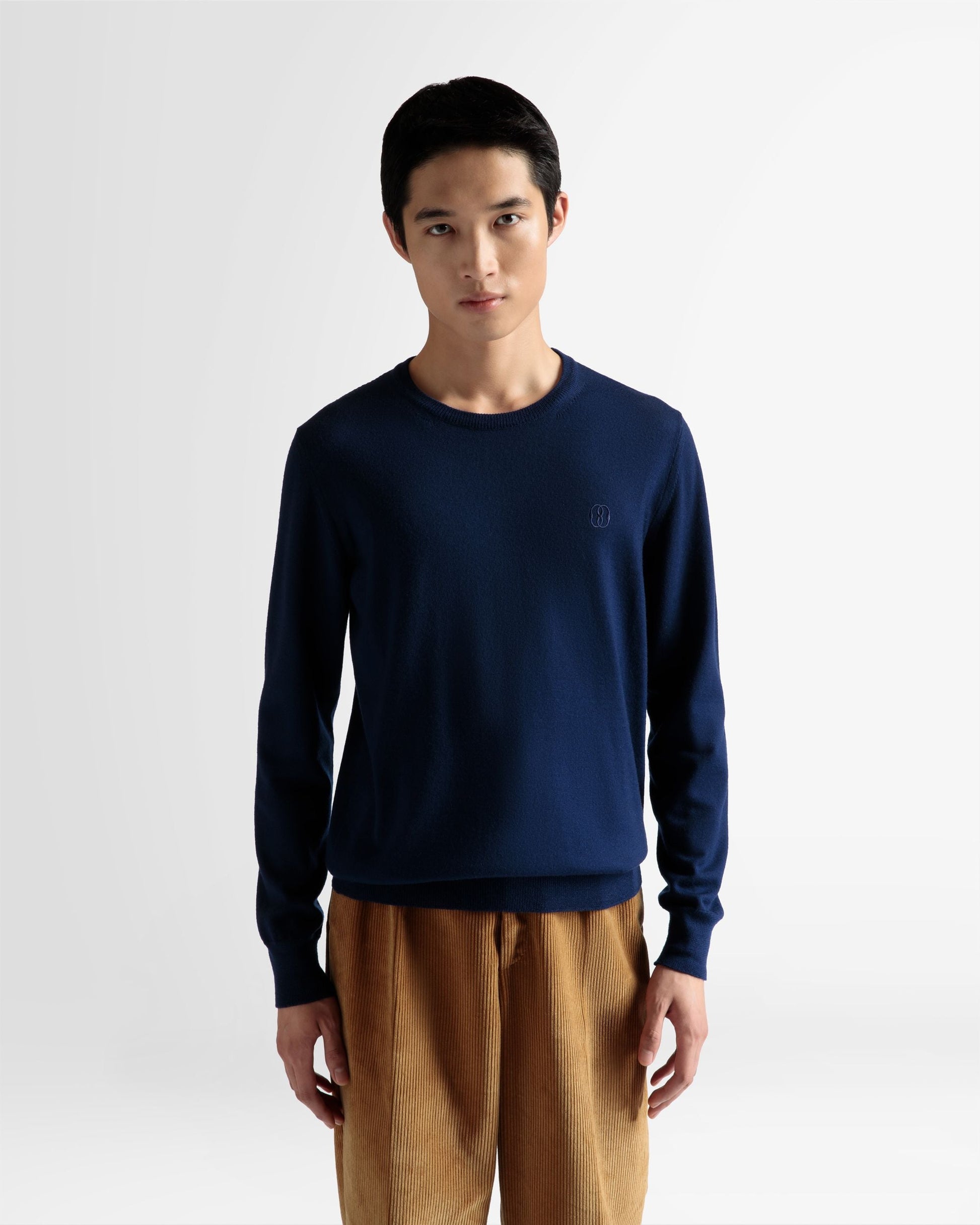 Wool Sweater | Men's Crew Neck Sweater | Marine Wool | Bally | On Model Close Up