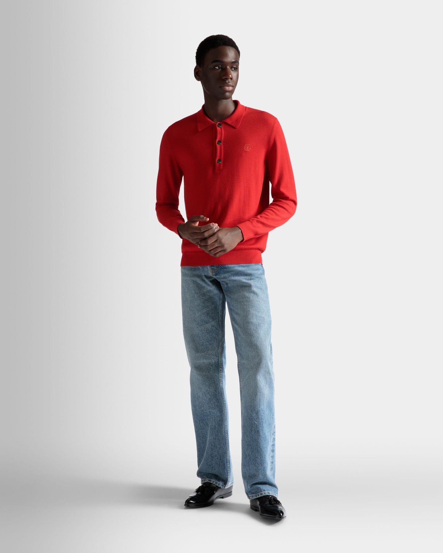 Long Sleeve Polo | Men's Polo Shirt | Deep Ruby Wool | Bally | On Model Front