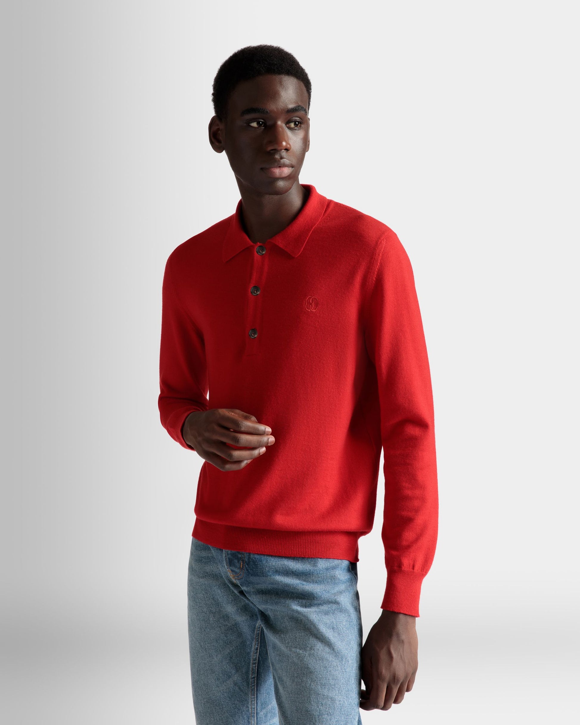 Long Sleeve Polo | Men's Polo Shirt | Deep Ruby Wool | Bally | On Model Close Up