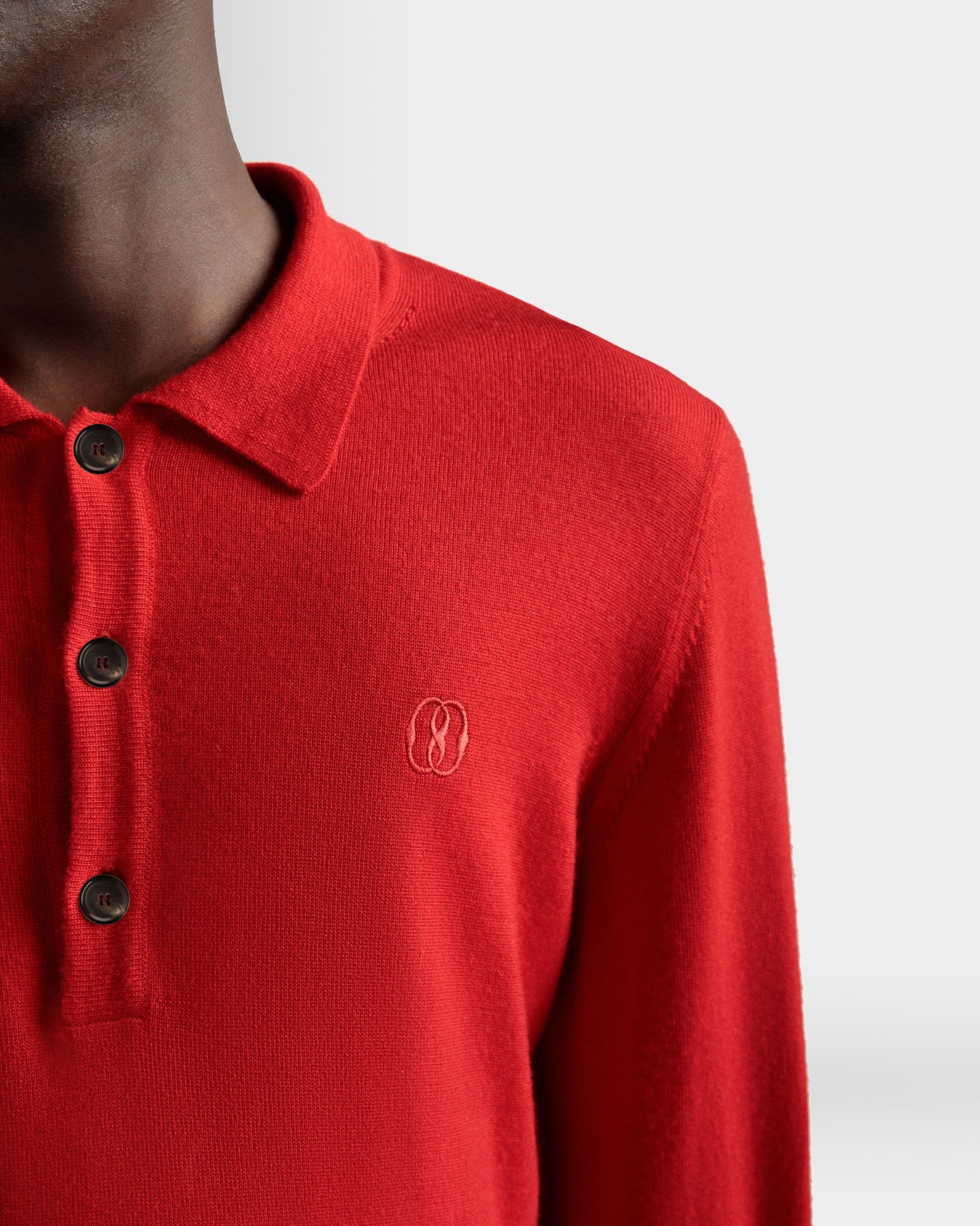 Long Sleeve Polo | Men's Polo Shirt | Deep Ruby Wool | Bally | On Model Detail