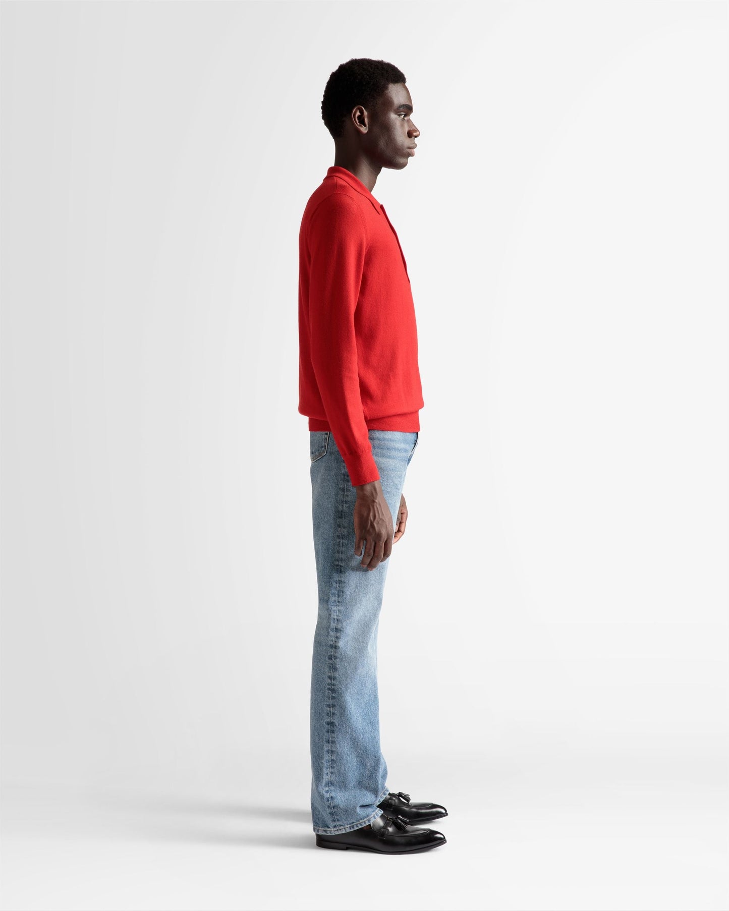 Long Sleeve Polo | Men's Polo Shirt | Deep Ruby Wool | Bally | On Model 3/4 Front