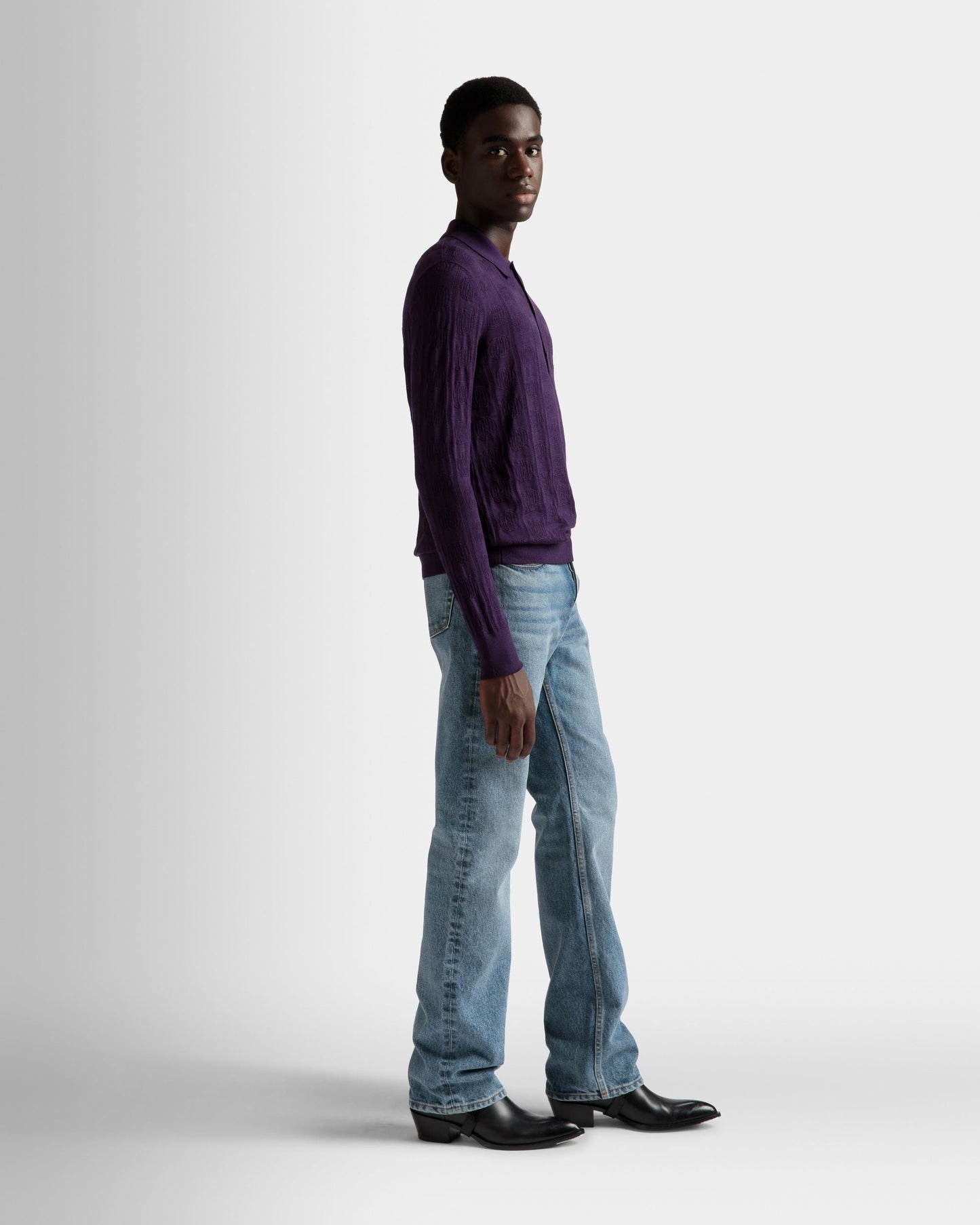 Long Sleeve Polo | Men's Polo Shirt | Orchid Wool | Bally | On Model 3/4 Front