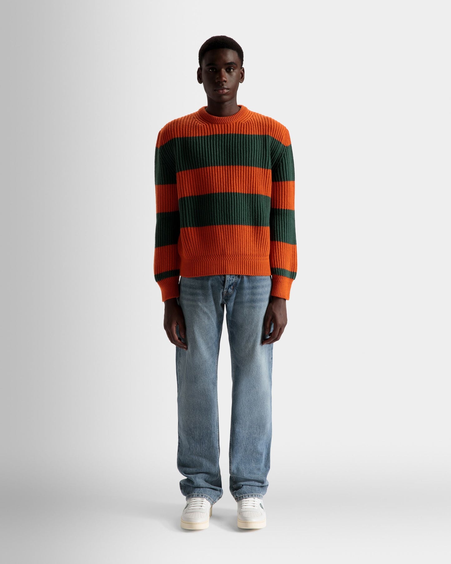 Striped Crew Neck Sweater | Men's Sweater | Orange And Kelly Green Wool | Bally | On Model Front