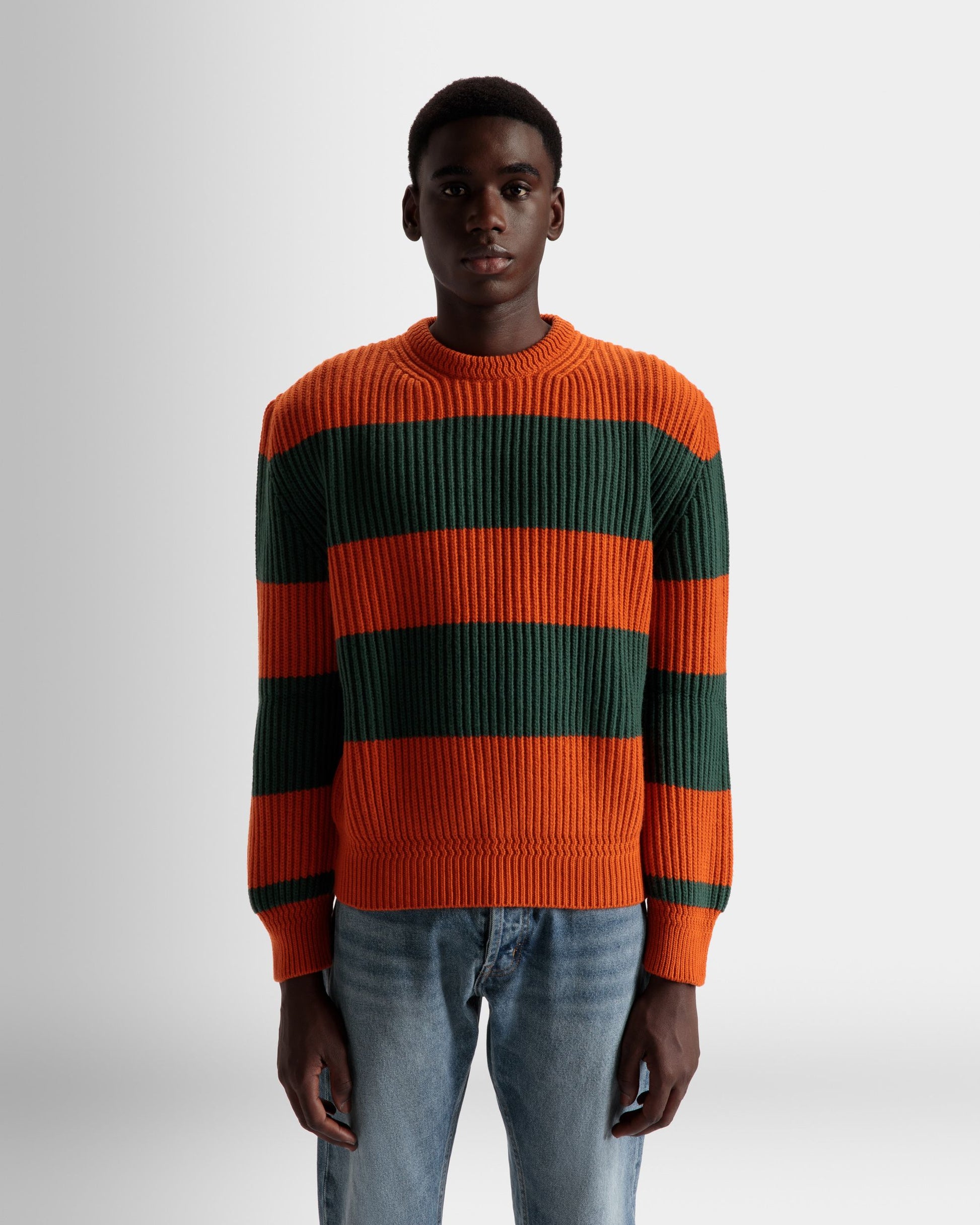 Striped Crew Neck Sweater | Men's Sweater | Orange And Kelly Green Wool | Bally | On Model Close Up