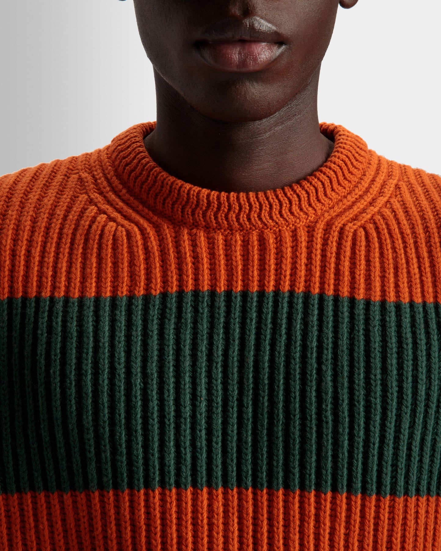 Striped Crew Neck Sweater | Men's Sweater | Orange And Kelly Green Wool | Bally | On Model Detail