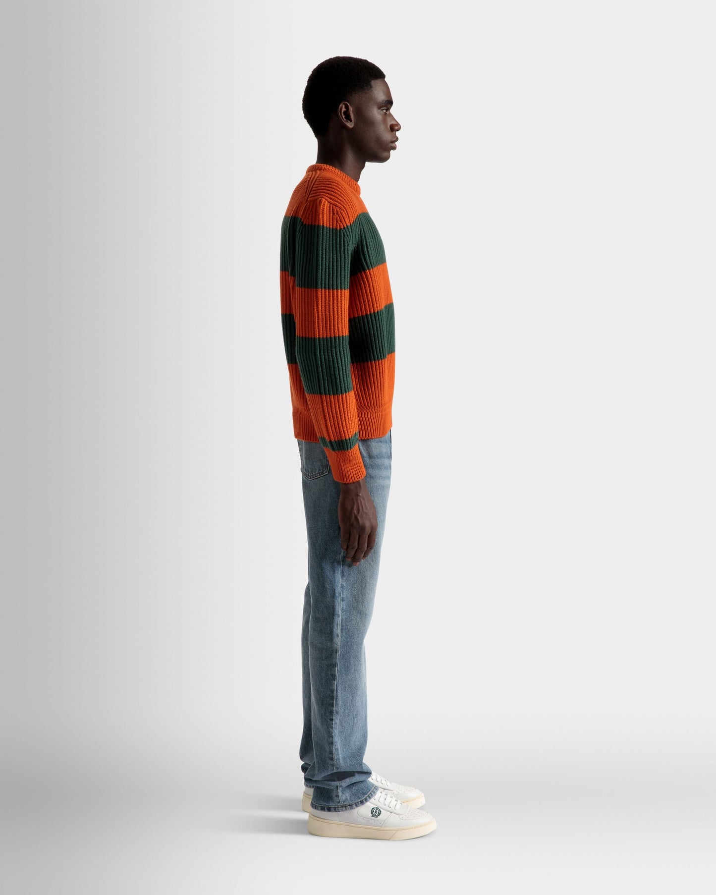 Striped Crew Neck Sweater | Men's Sweater | Orange And Kelly Green Wool | Bally | On Model 3/4 Front