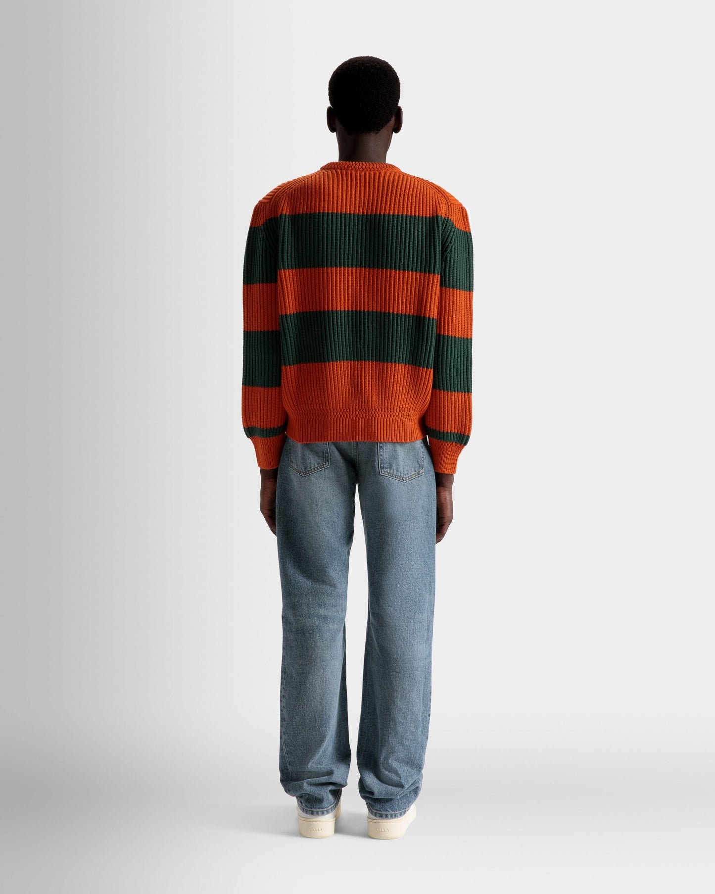 Striped Crew Neck Sweater | Men's Sweater | Orange And Kelly Green Wool | Bally | On Model Back